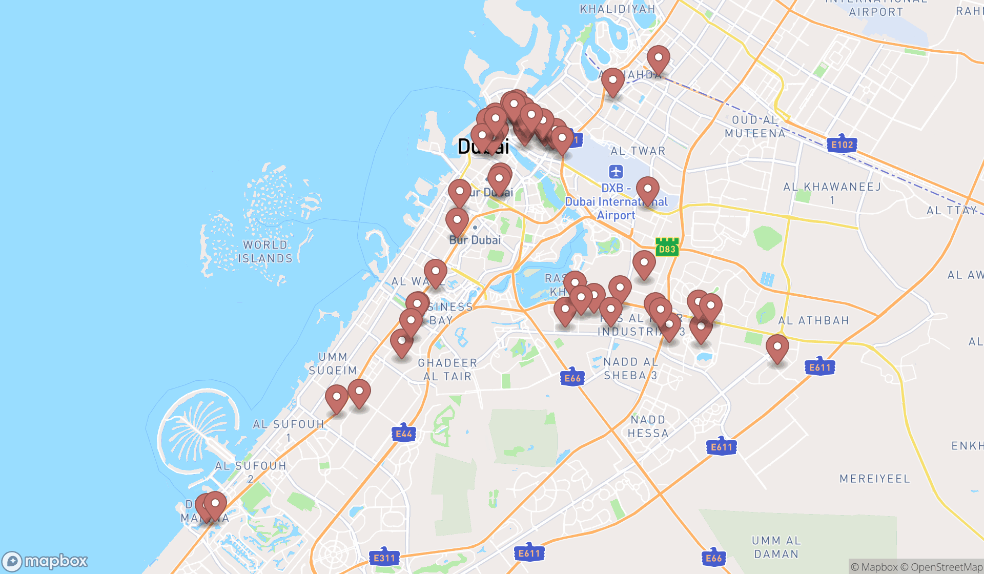 Map showing the search results in Dubai