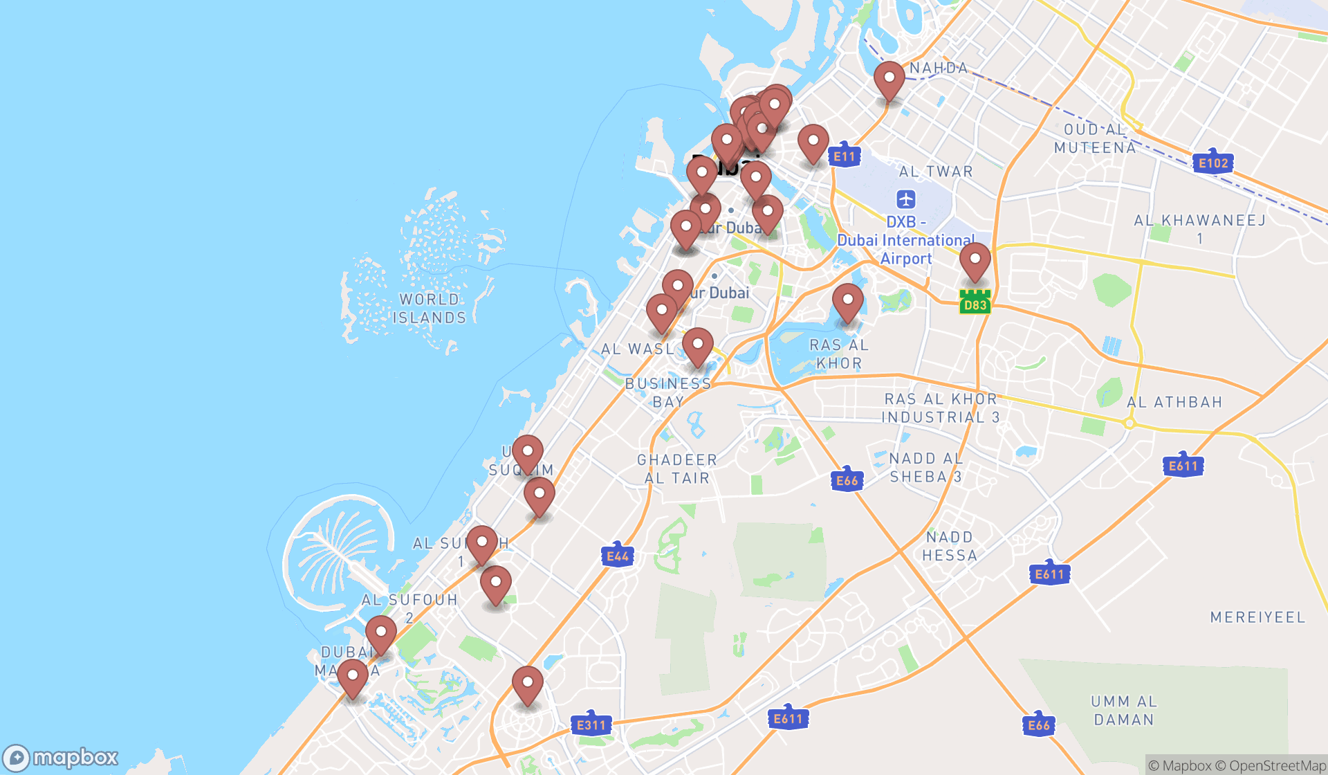 Map showing the search results in Dubai