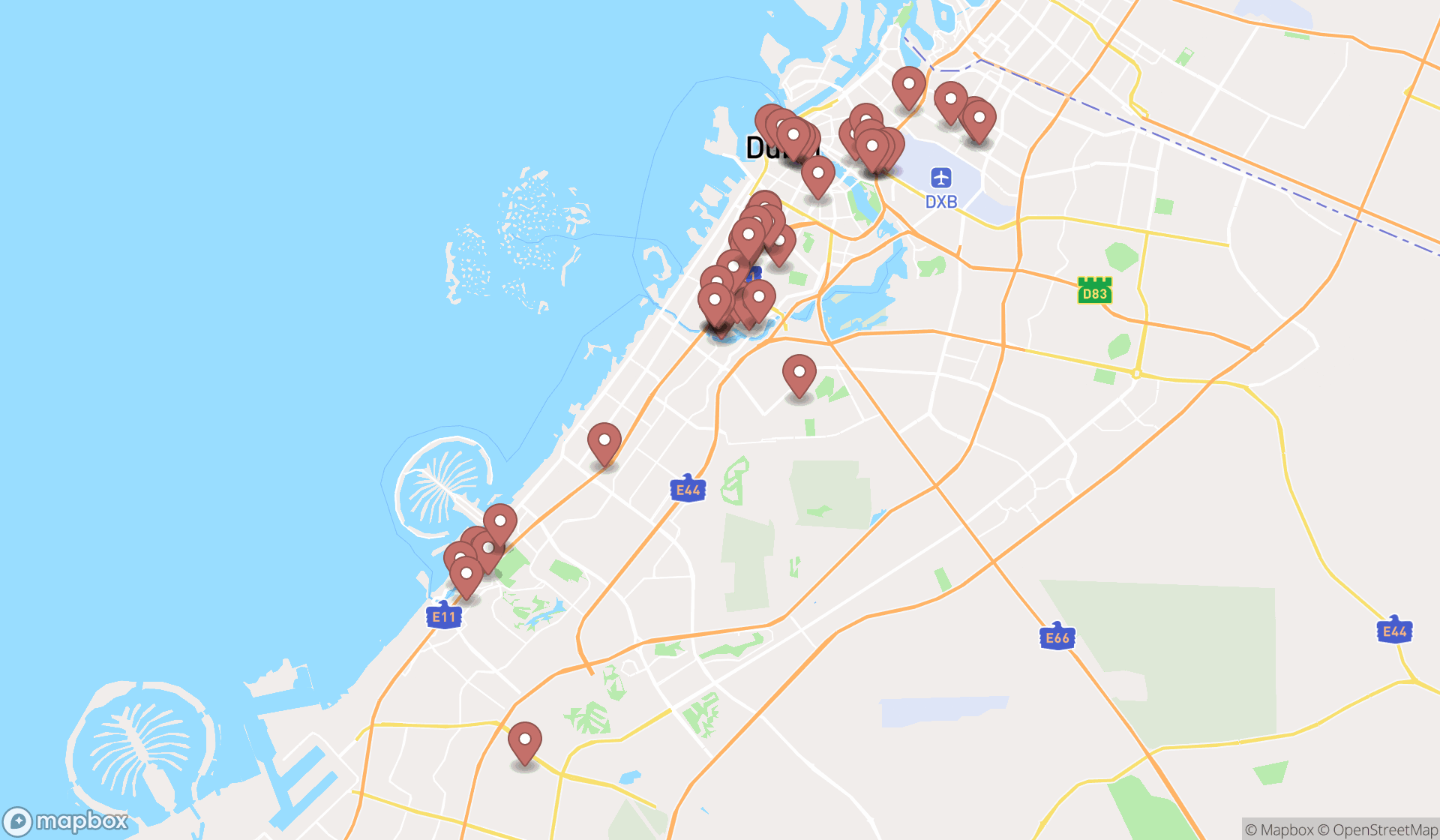 Map showing the search results in Dubai