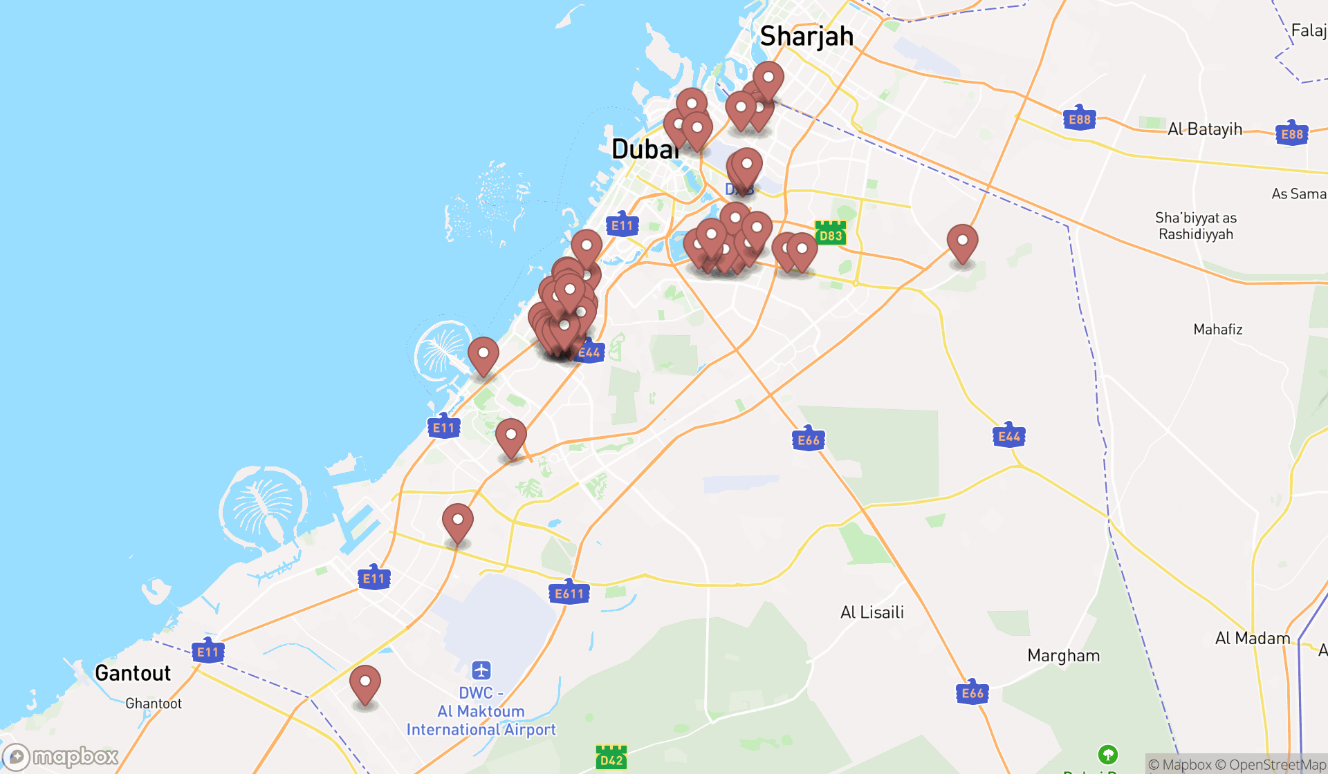 Map showing the search results in Dubai