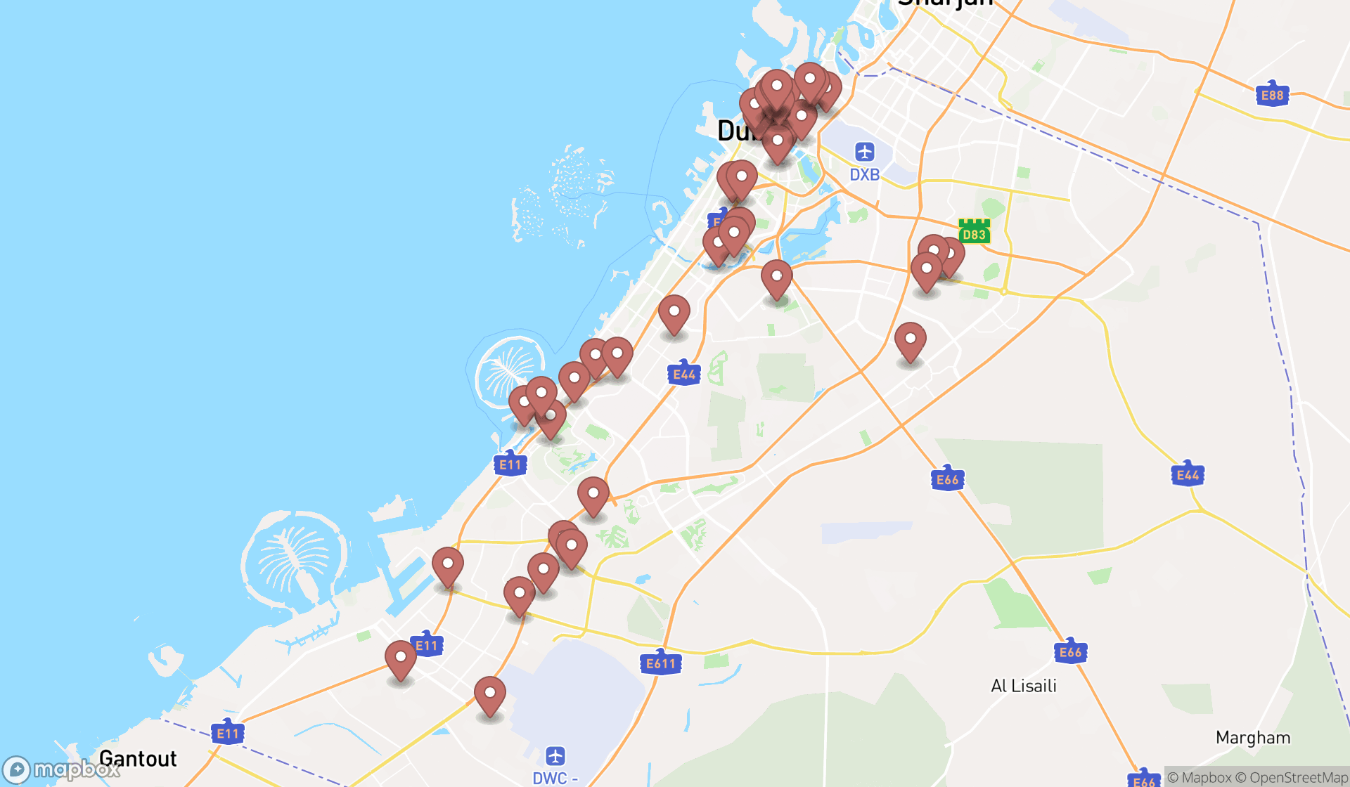 Map showing the search results in Dubai