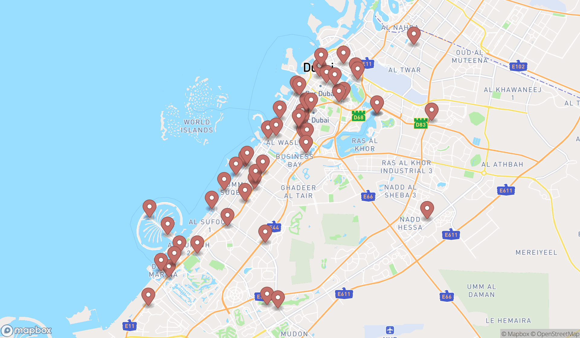 Map showing the search results in Dubai