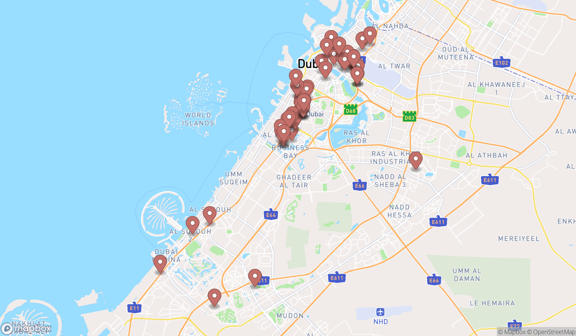 Map showing the search results in Dubai