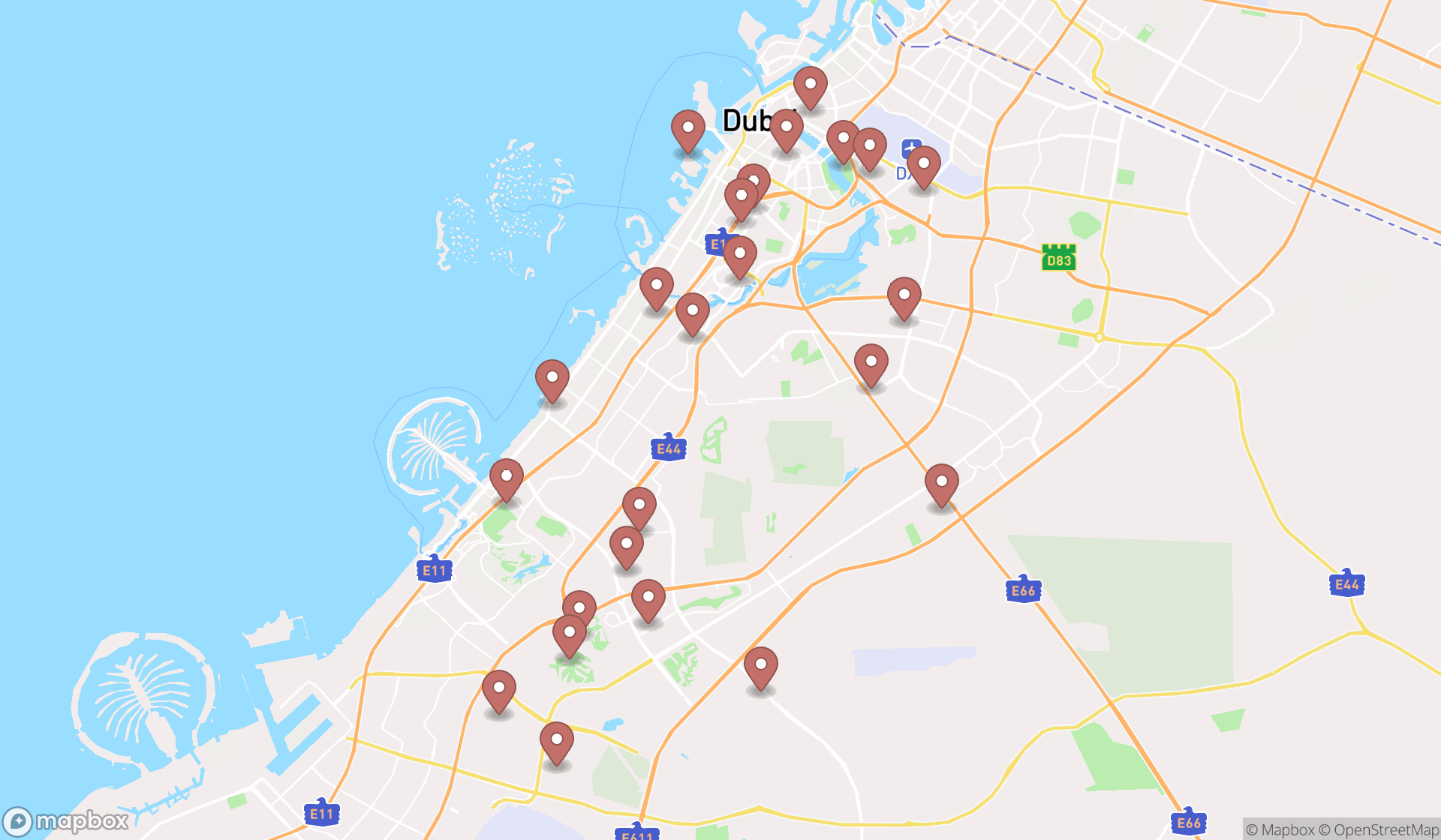Map showing the search results in Dubai