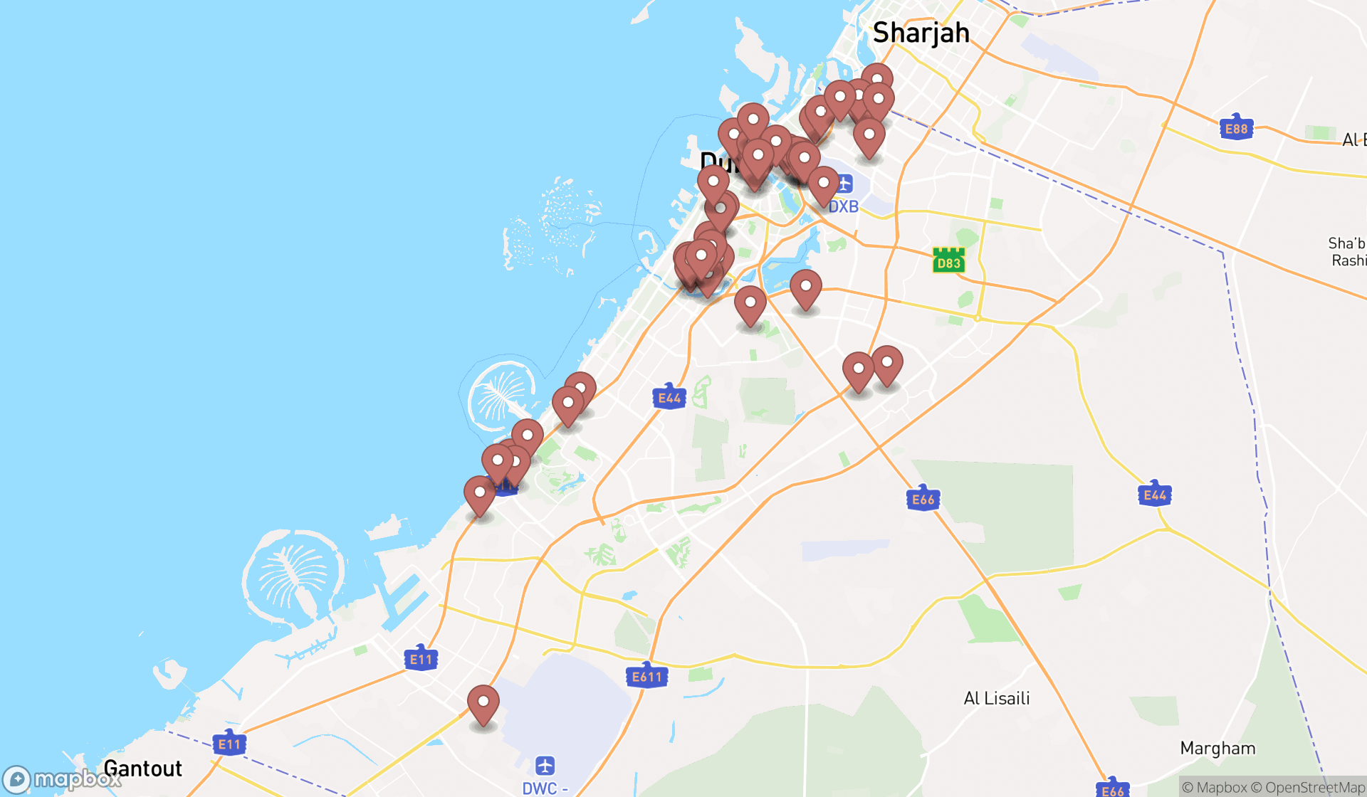 Map showing the search results in Dubai