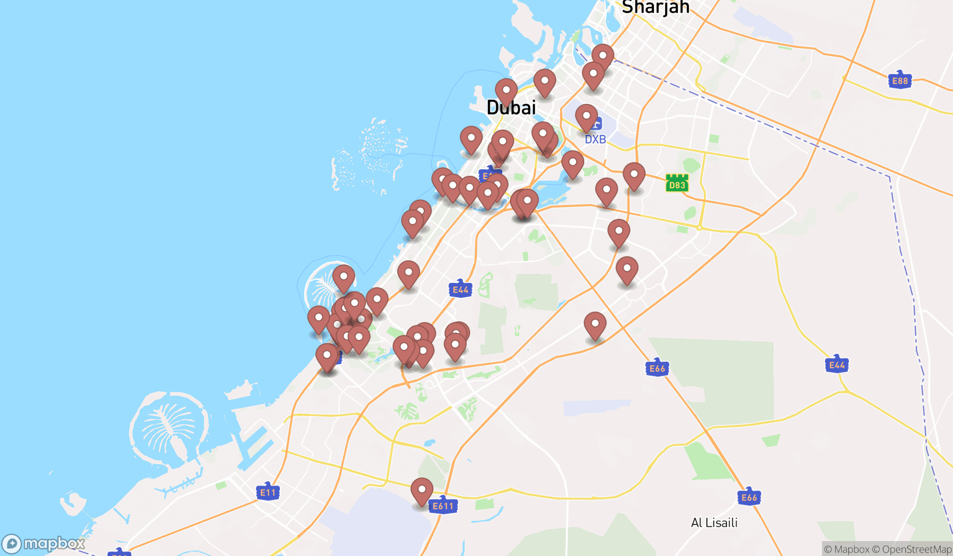 Map showing the search results in Dubai