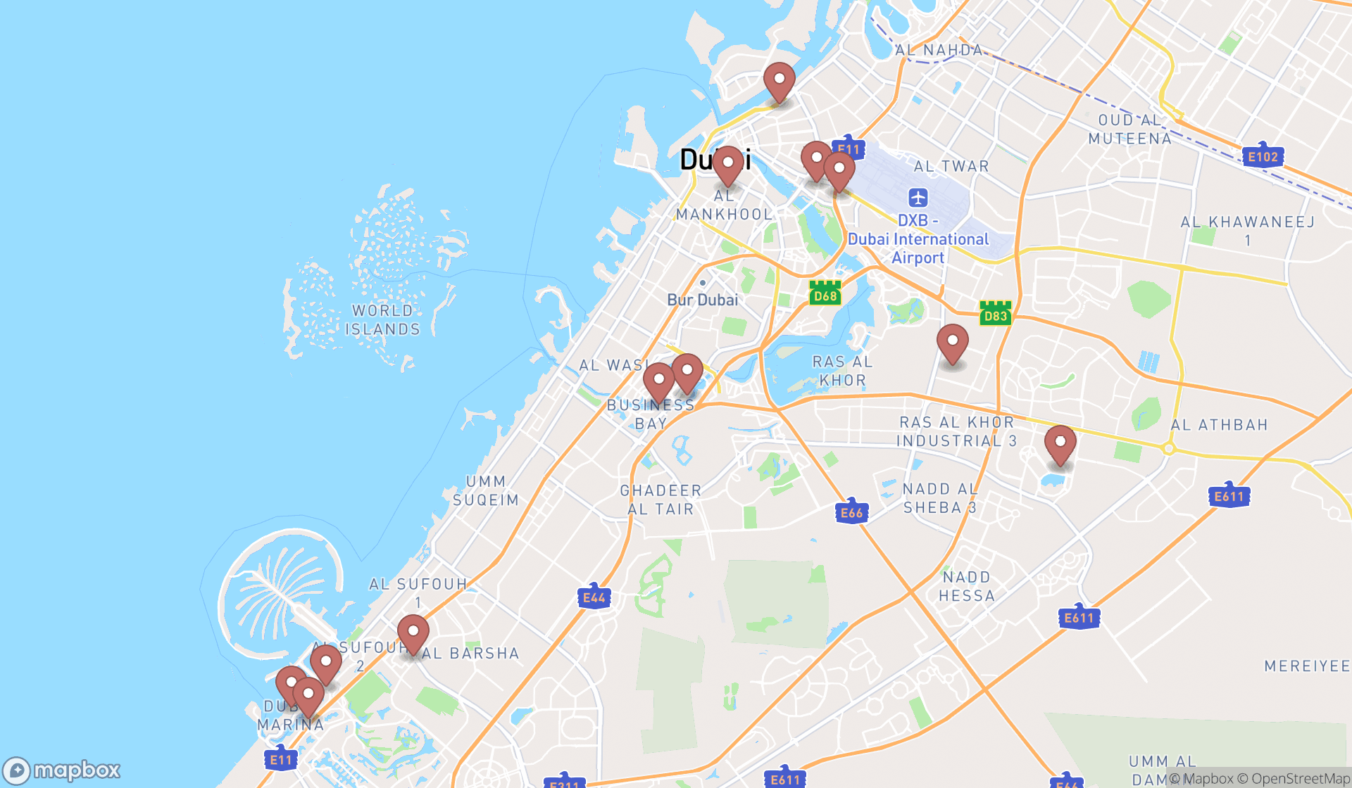 Map showing the search results in Dubai