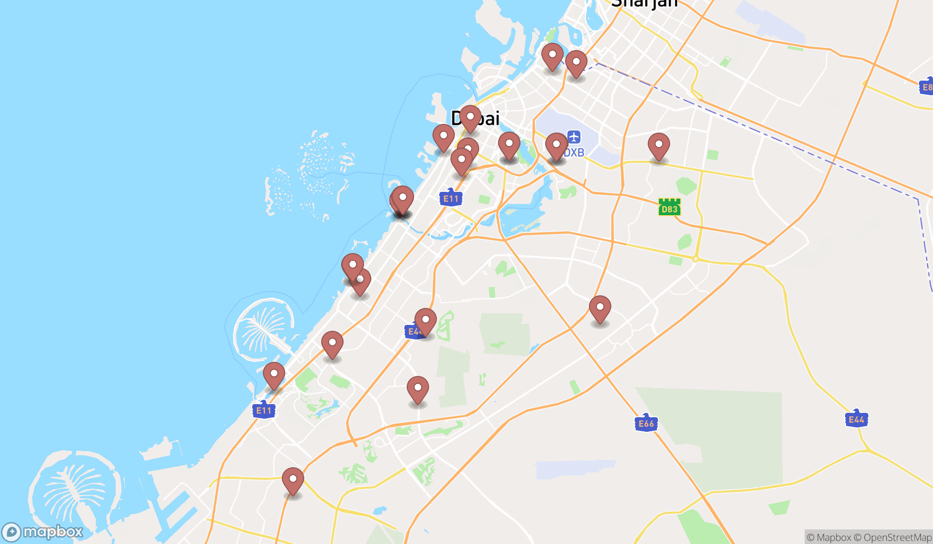Map showing the search results in Dubai