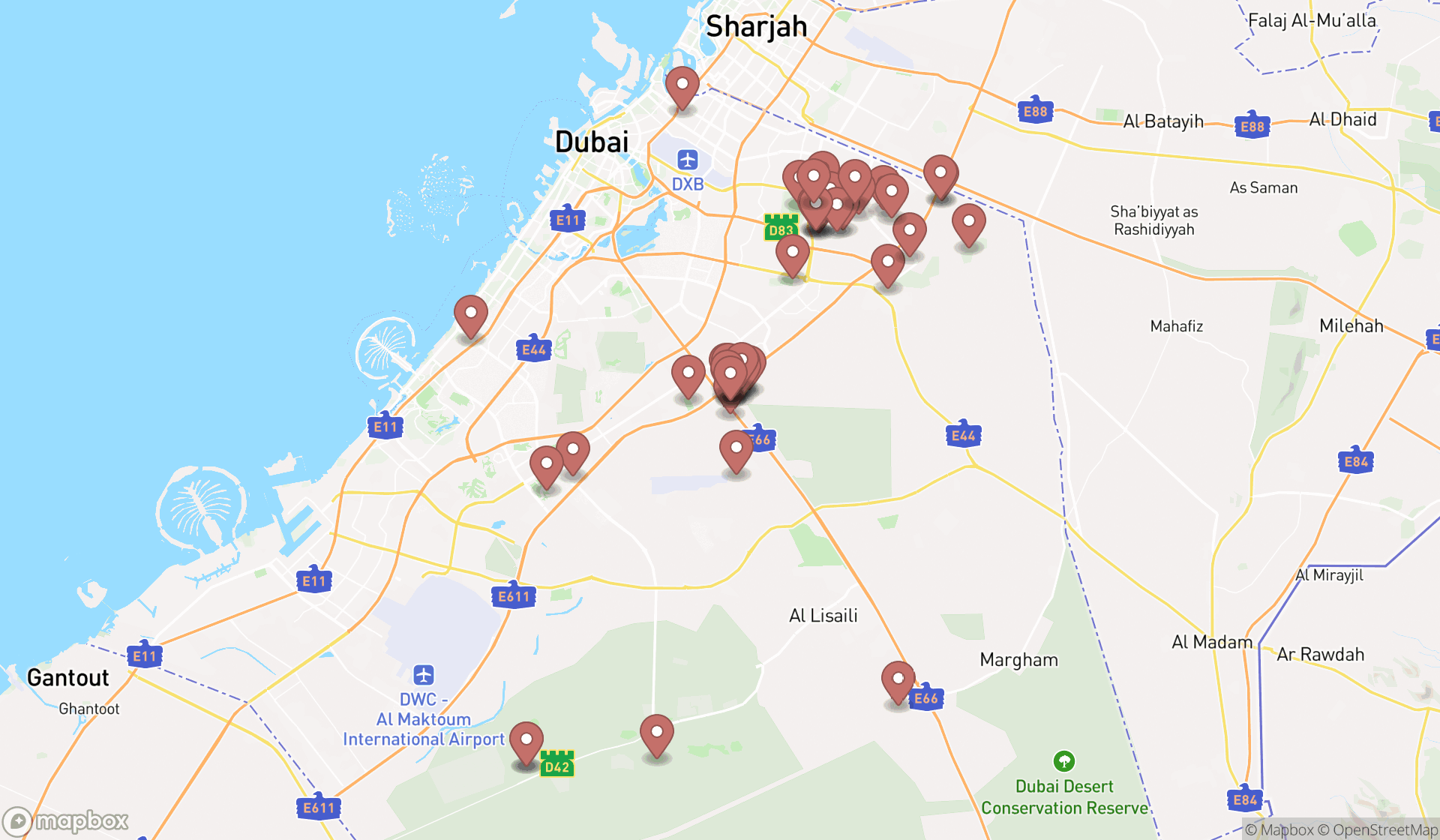 Map showing the search results in Dubai