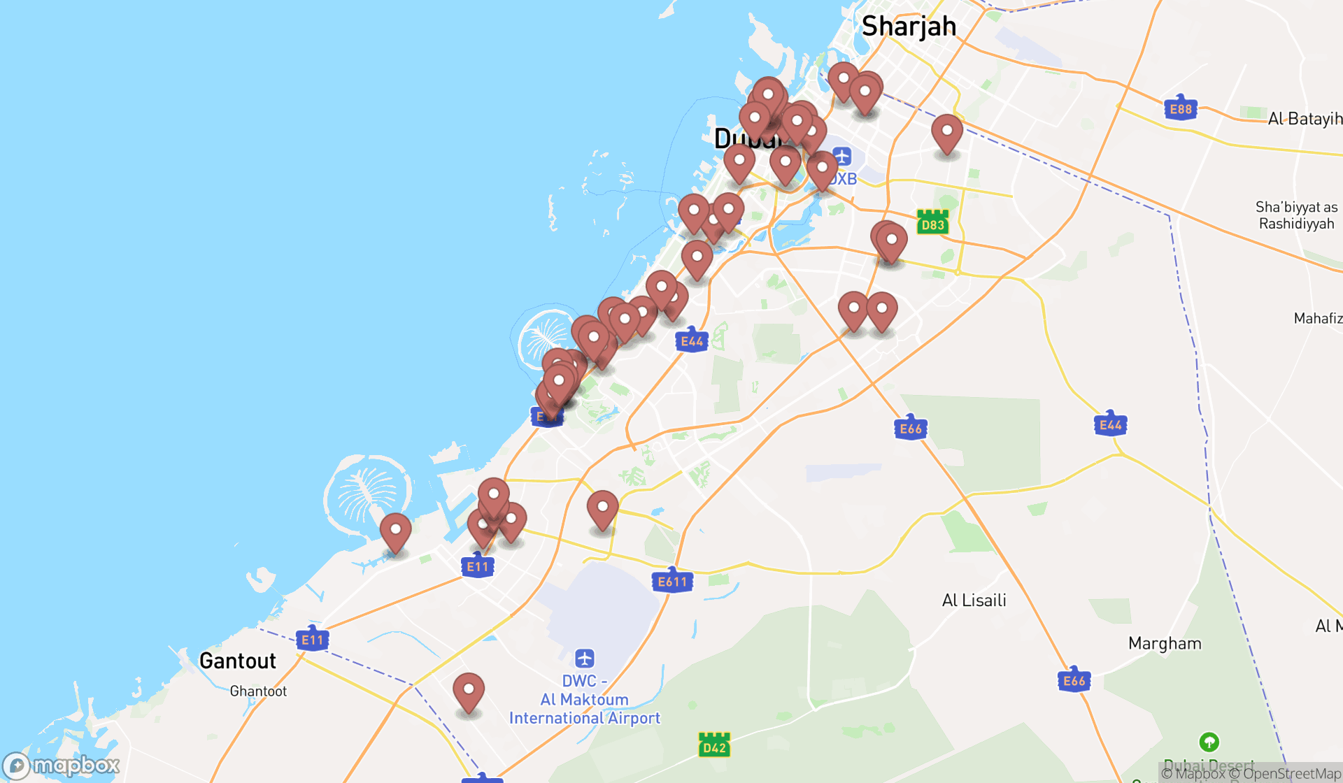 Map showing the search results in Dubai