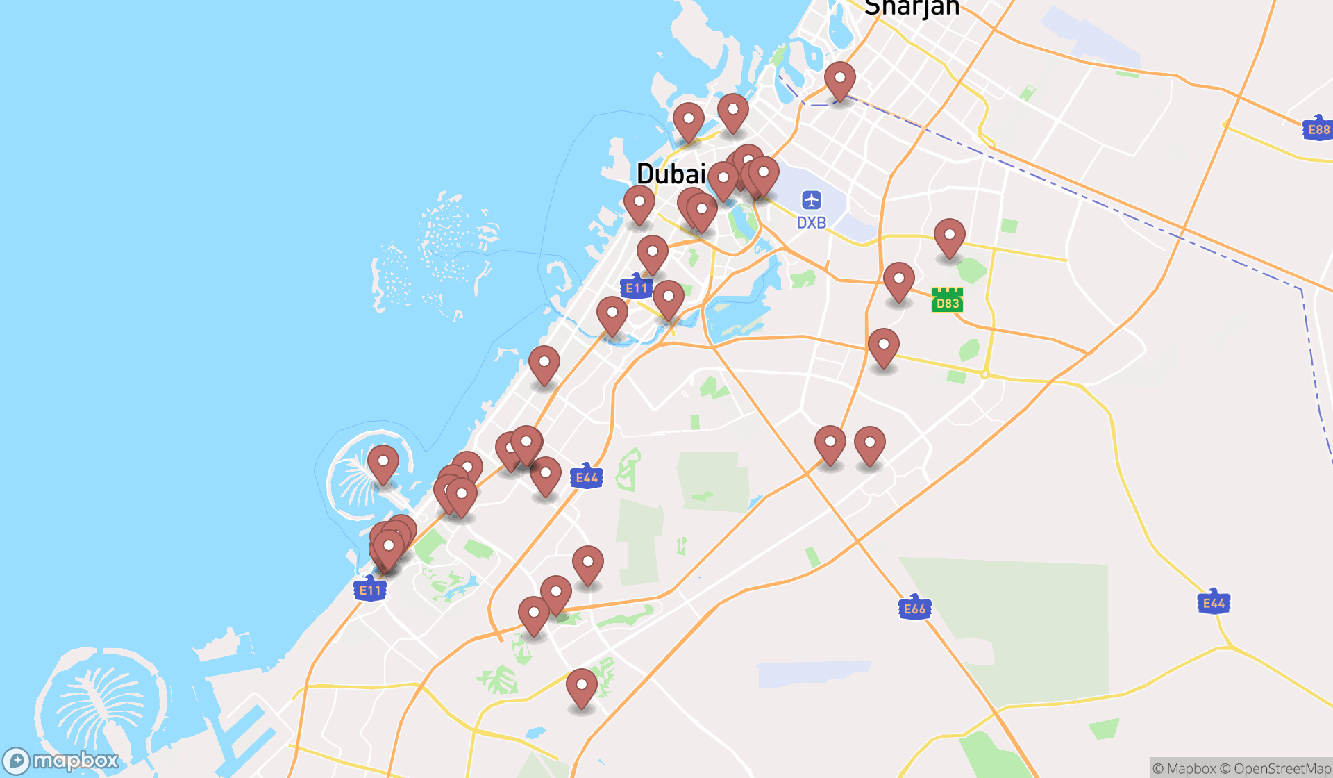 Map showing the search results in Dubai