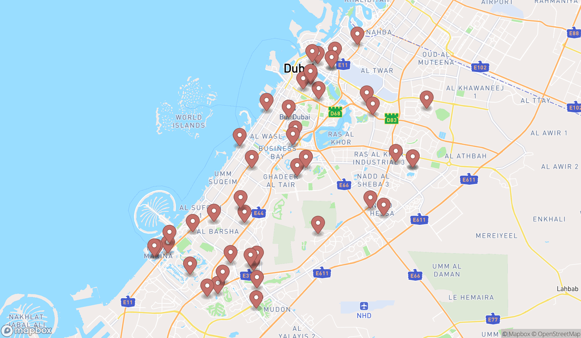 Map showing the search results in Dubai