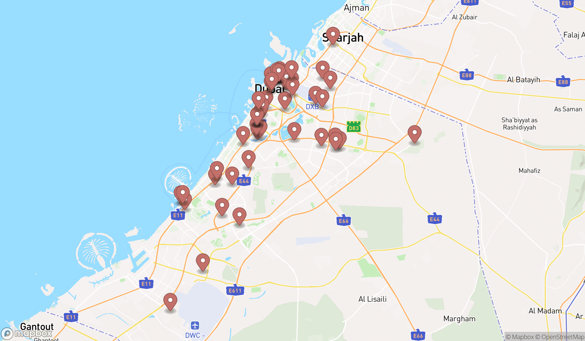 Map showing the search results in Dubai
