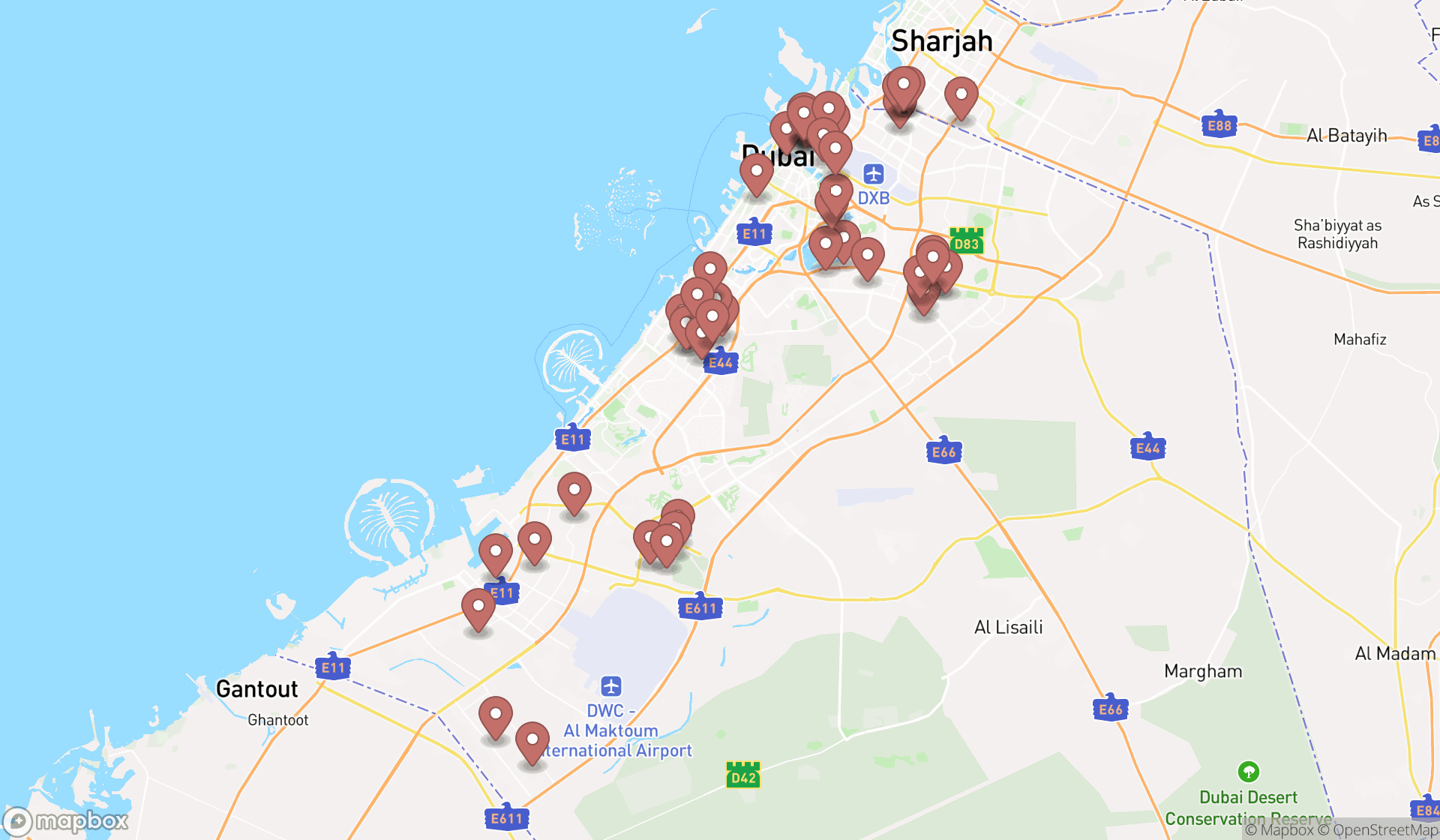Map showing the search results in Dubai