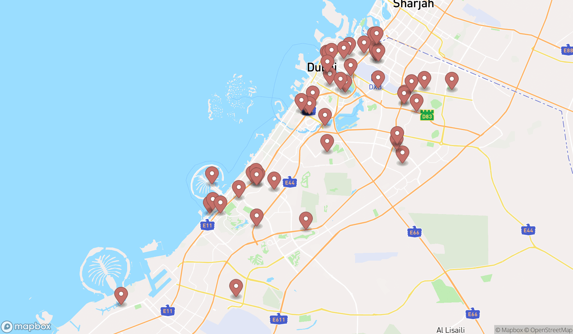 Map showing the search results in Dubai