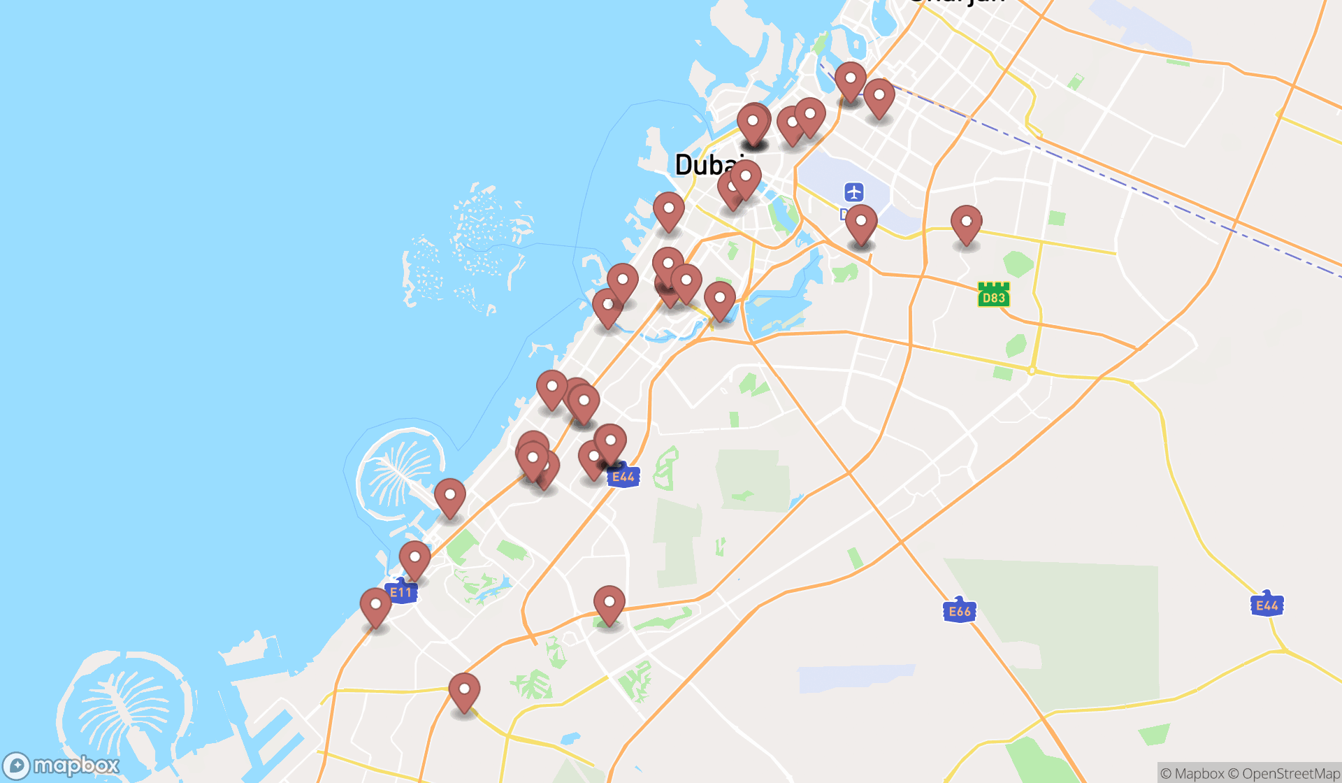 Map showing the search results in Dubai