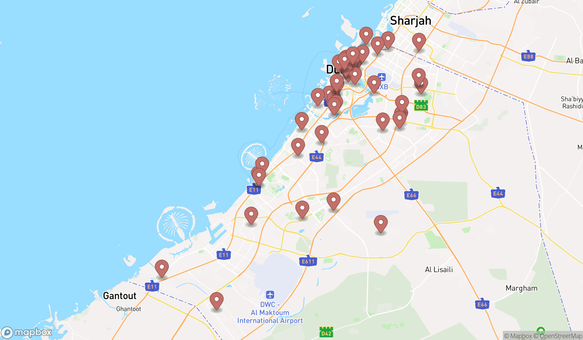 Map showing the search results in Dubai