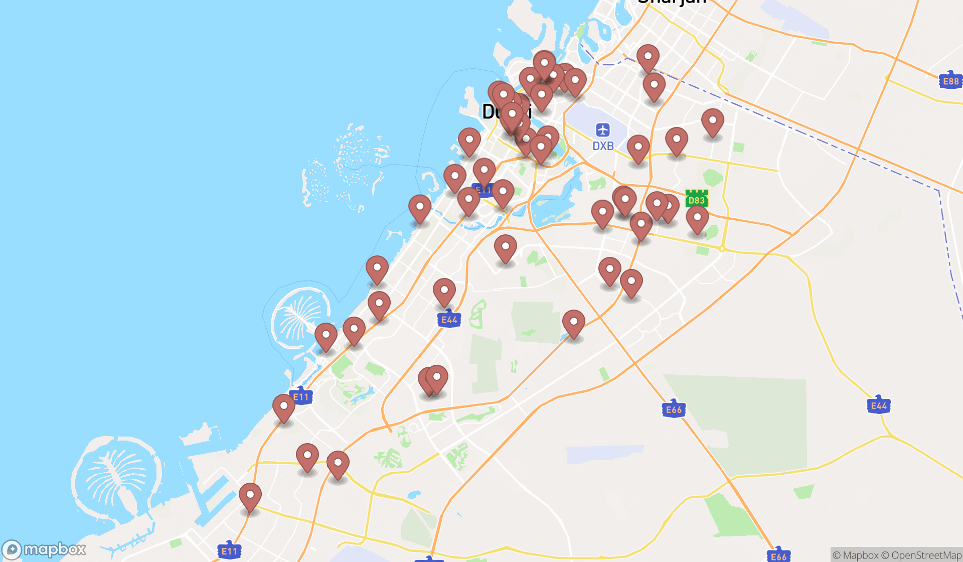 Map showing the search results in Dubai
