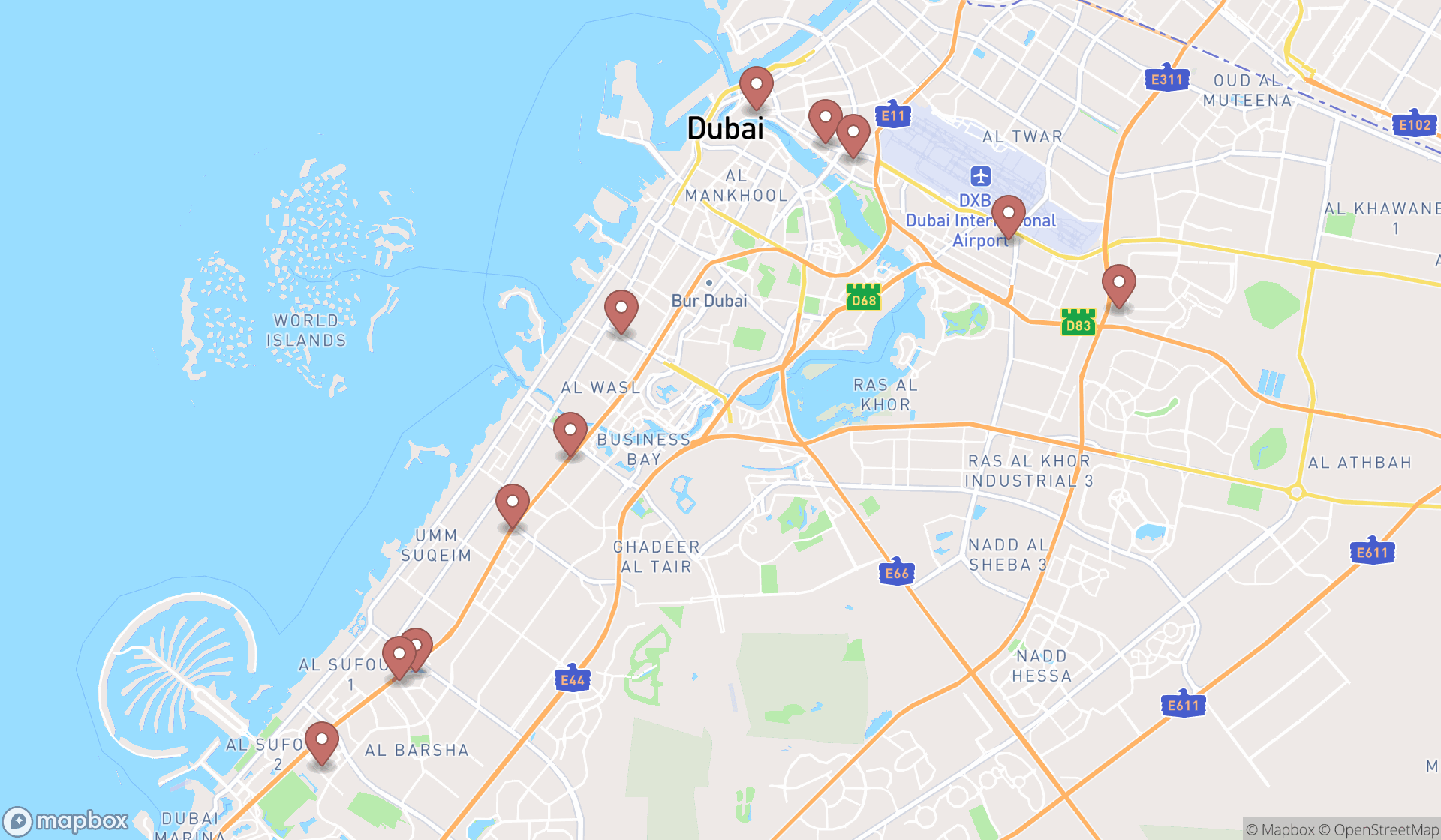 Map showing the search results in Dubai