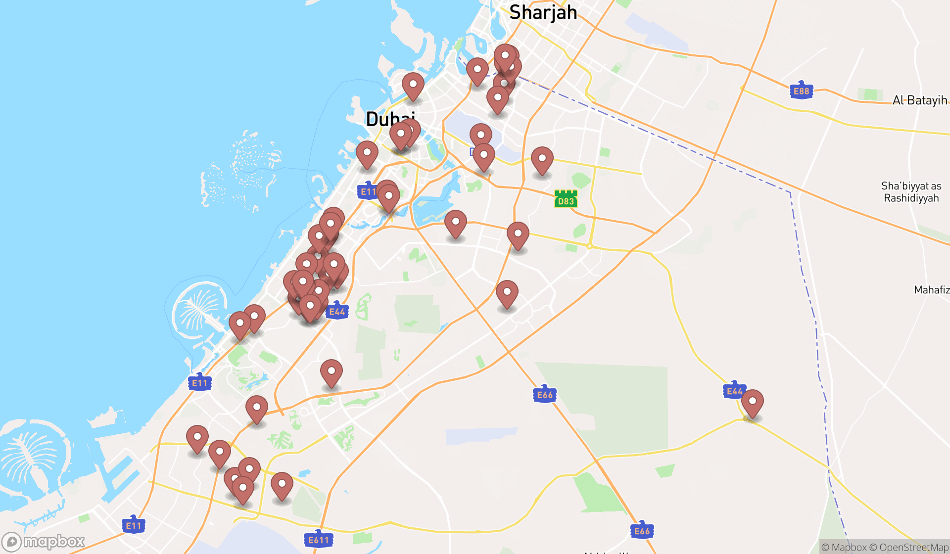 Map showing the search results in Dubai