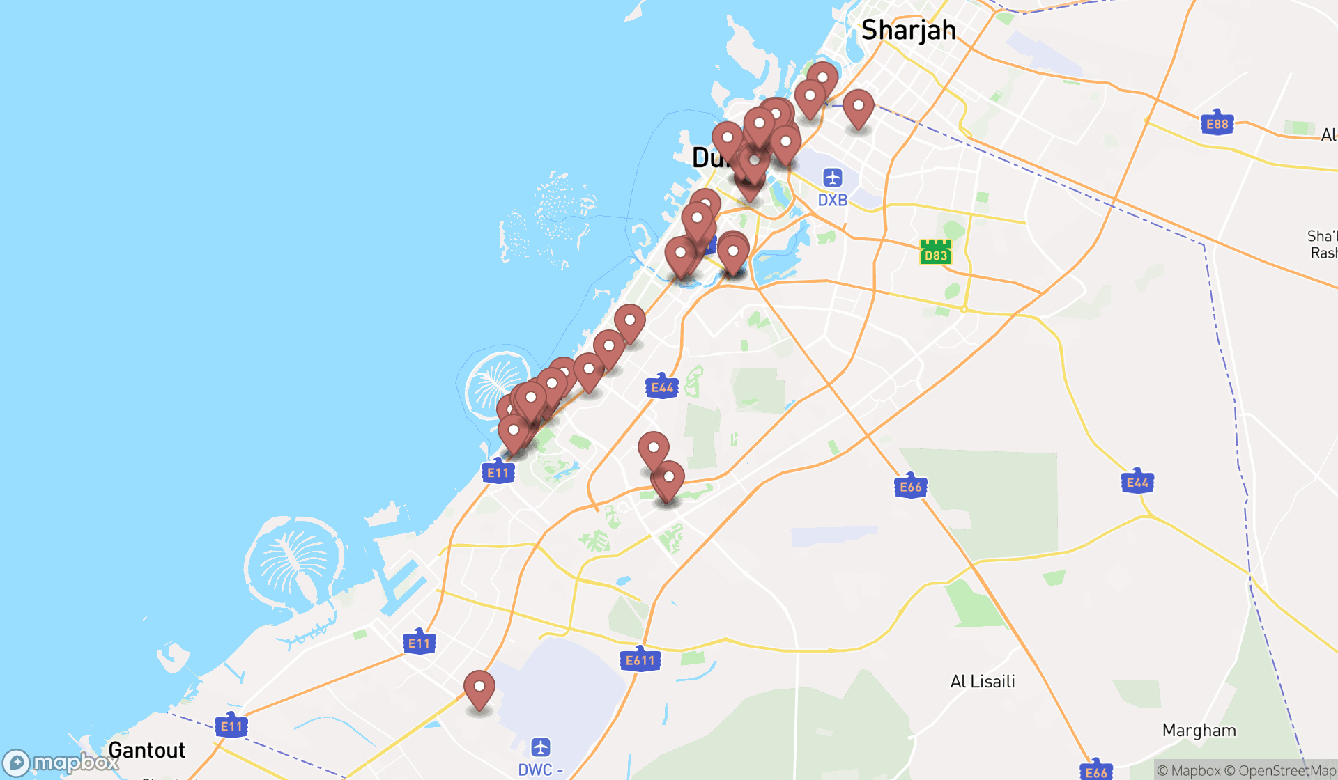 Map showing the search results in Dubai