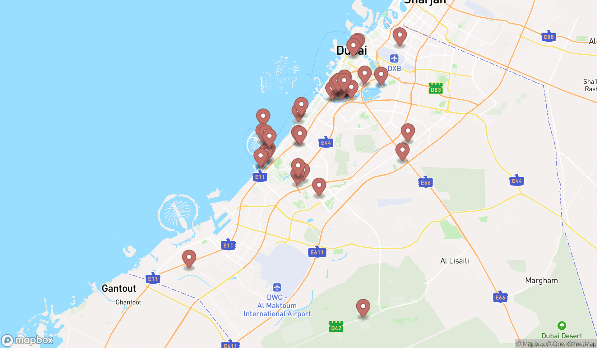 Map showing the search results in Dubai