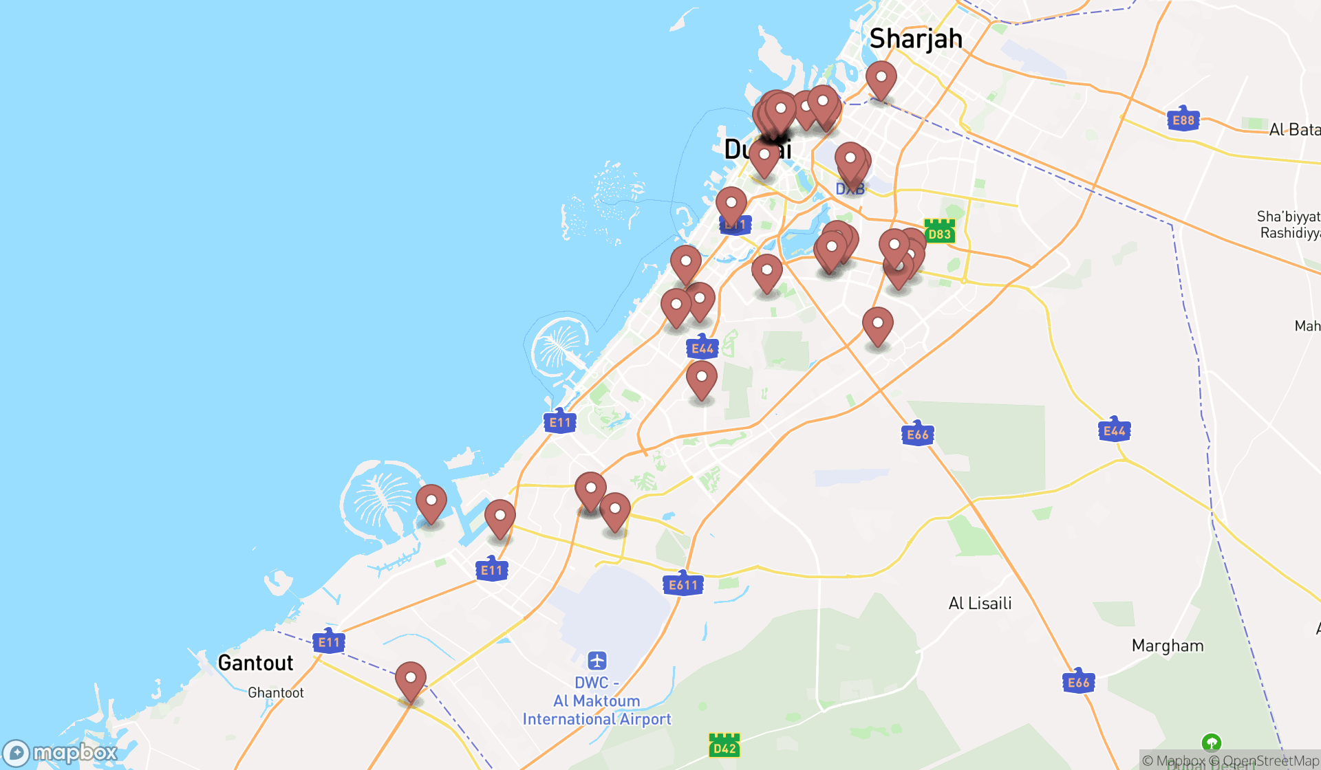 Map showing the search results in Dubai