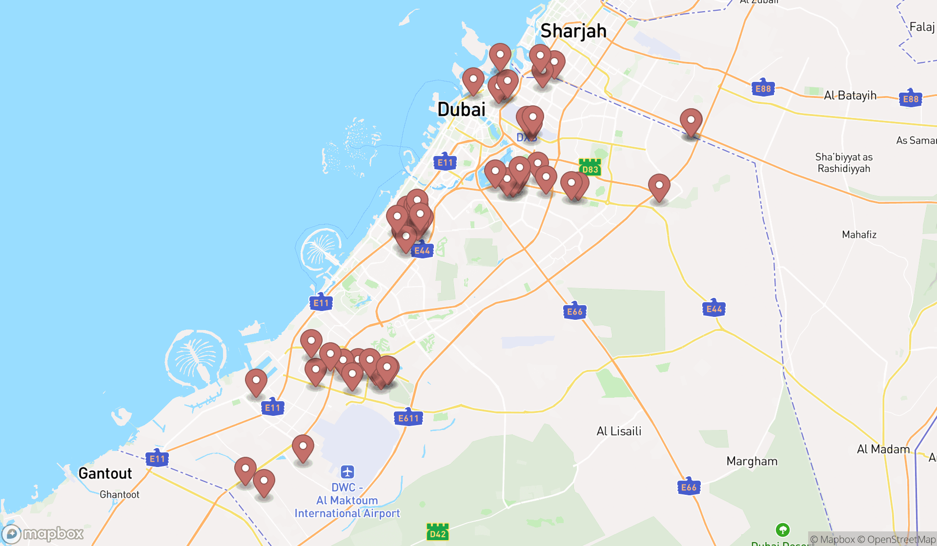 Map showing the search results in Dubai