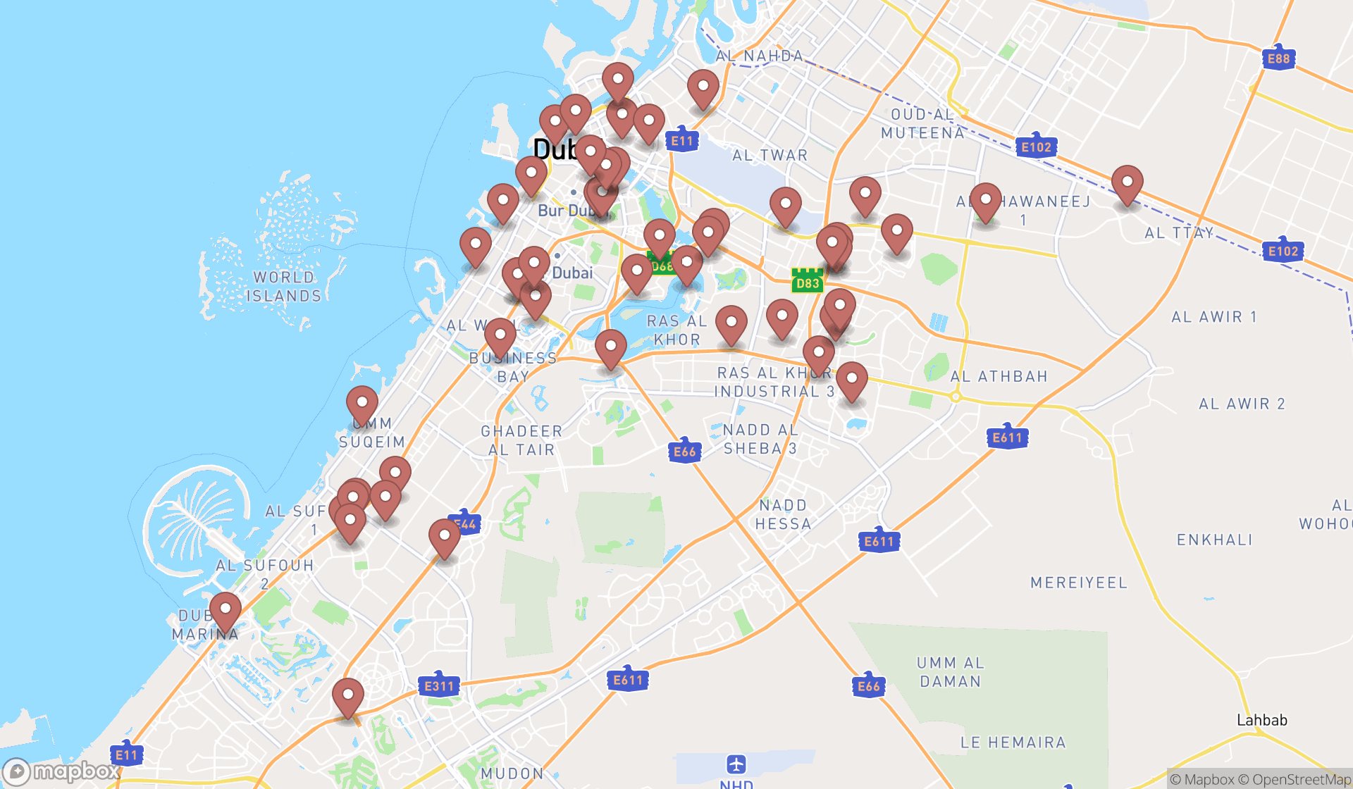 Map showing the search results in Dubai