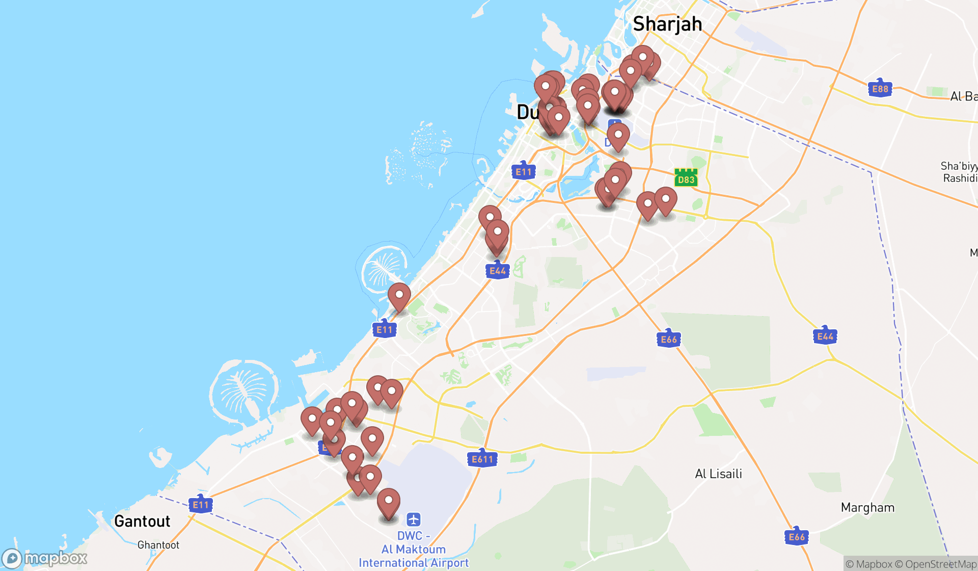 Map showing the search results in Dubai