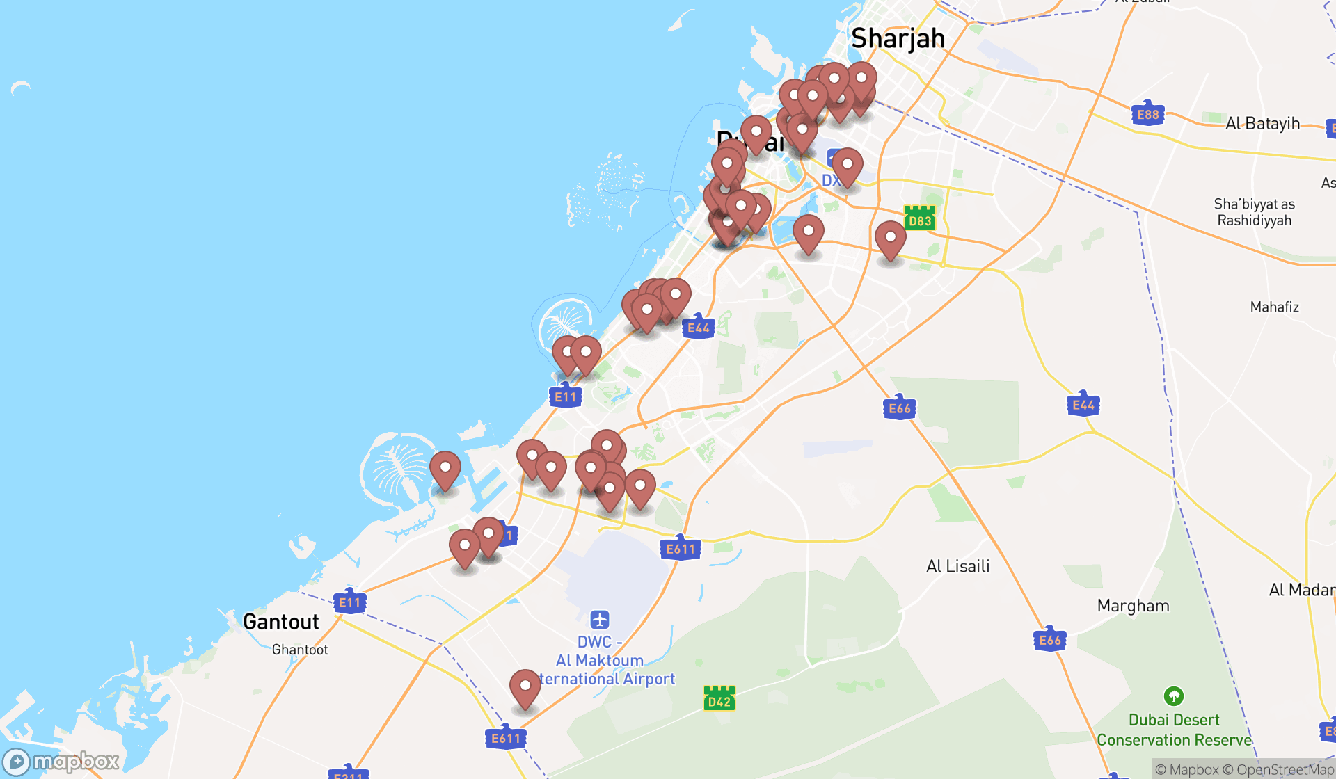 Map showing the search results in Dubai