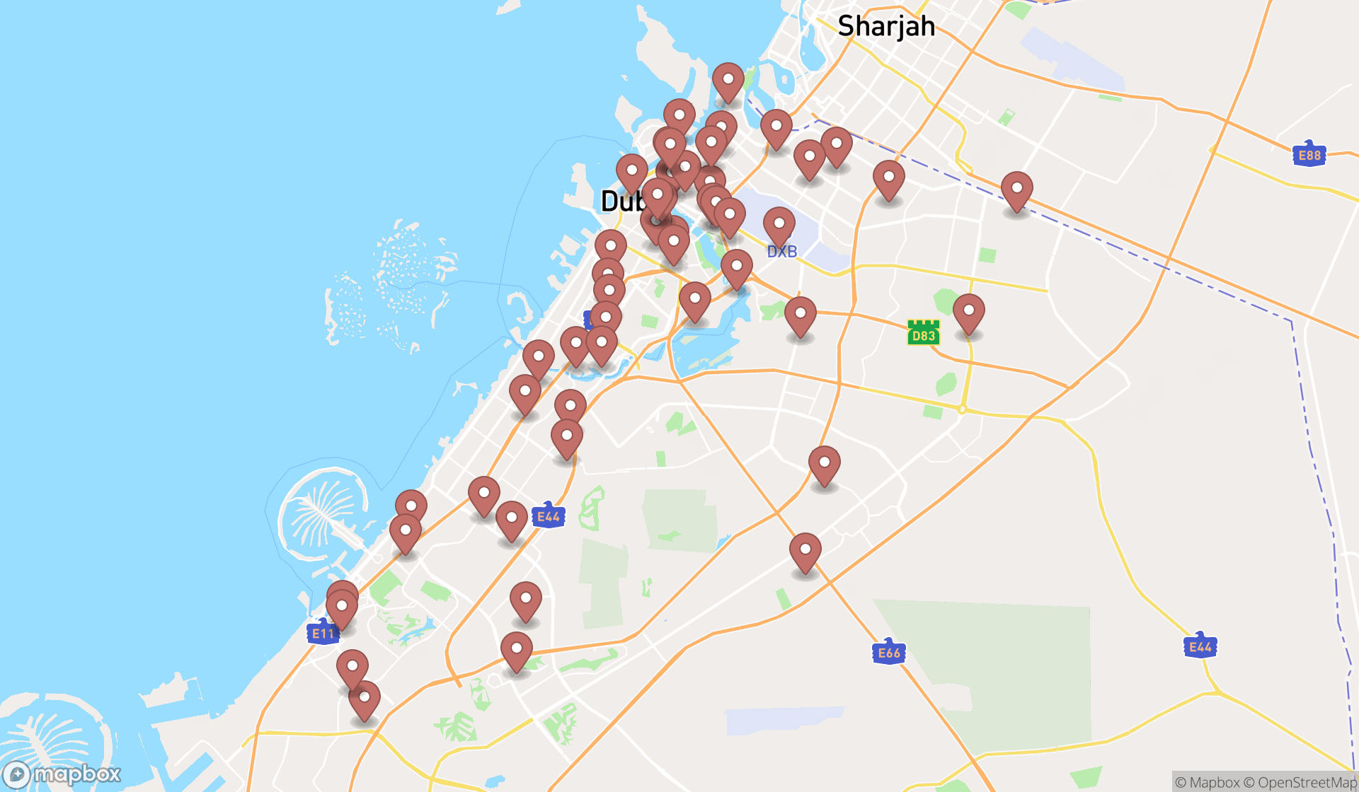 Map showing the search results in Dubai