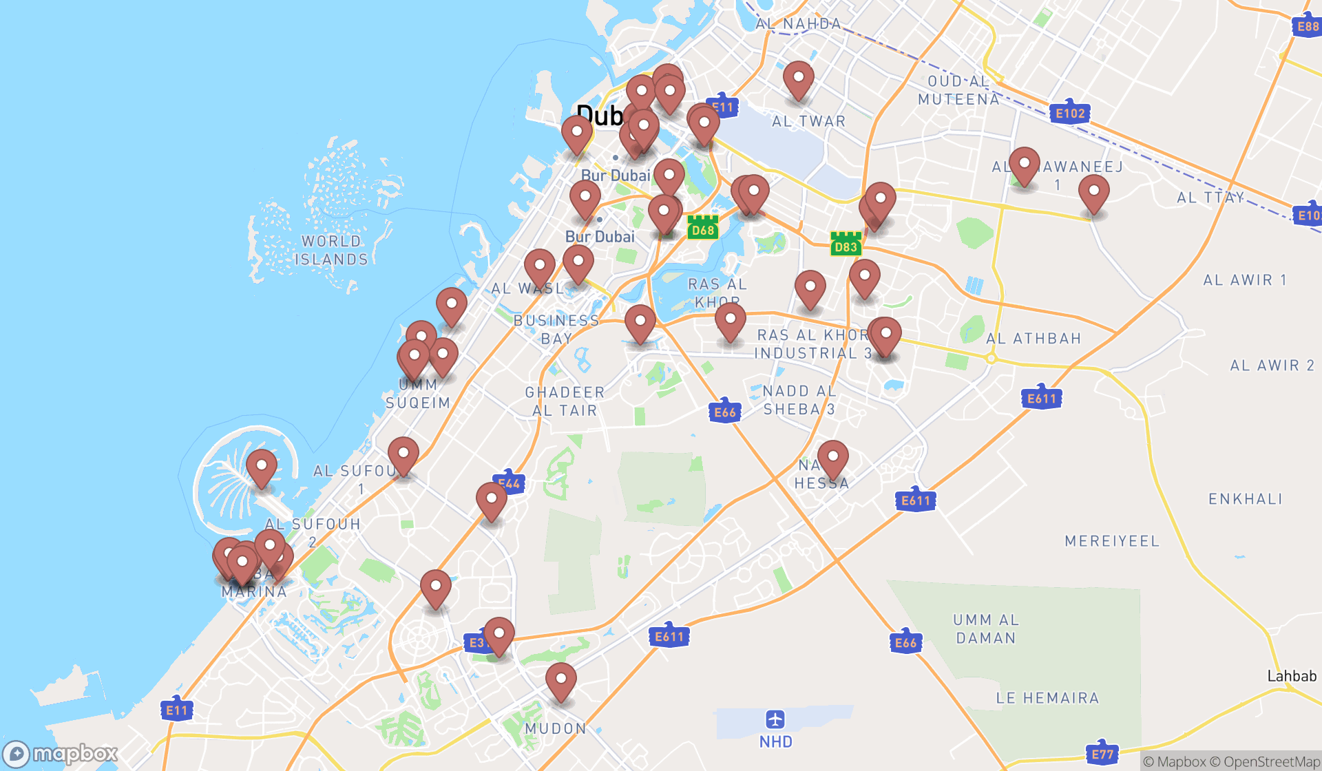 Map showing the search results in Dubai