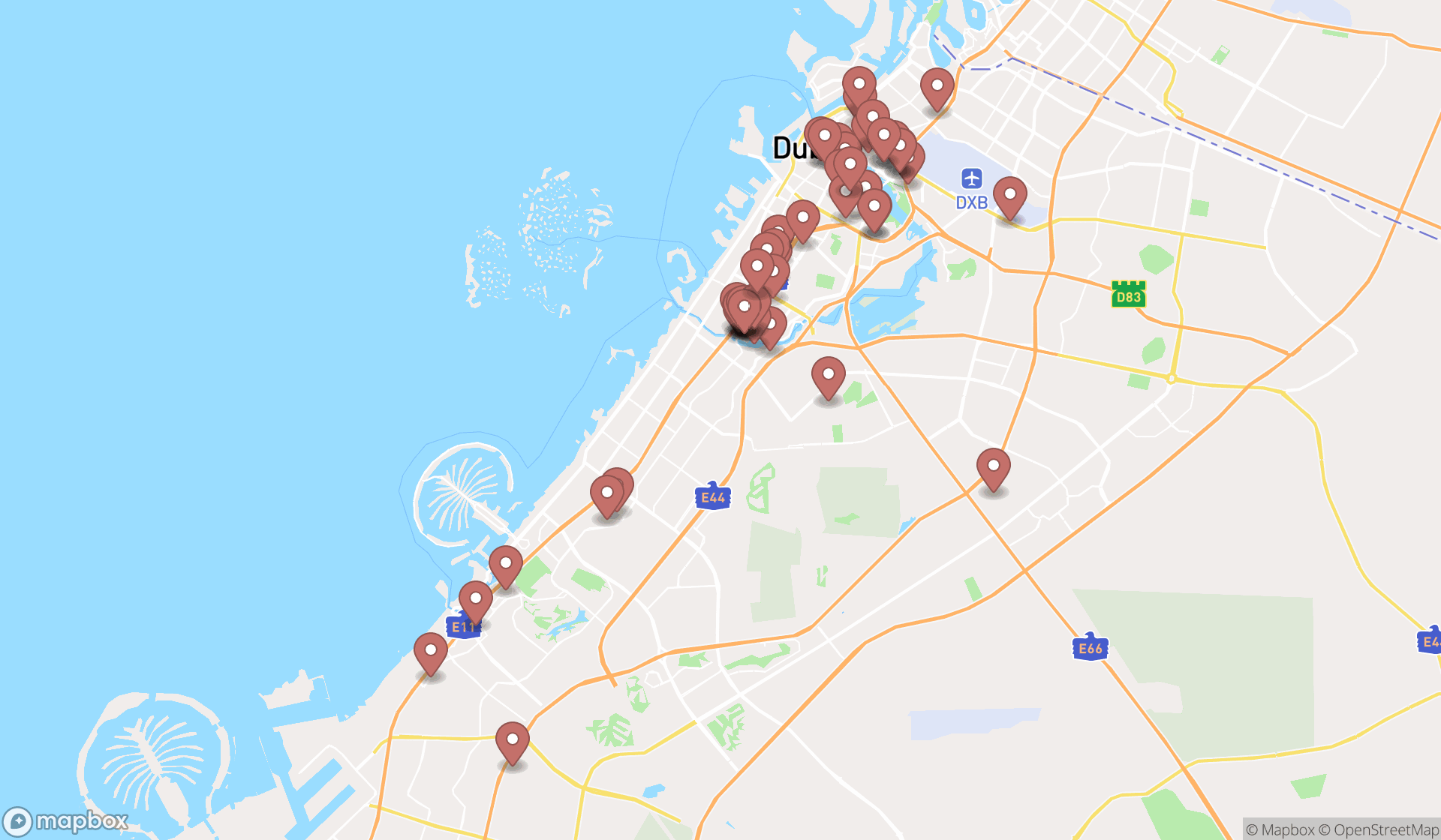 Map showing the search results in Dubai