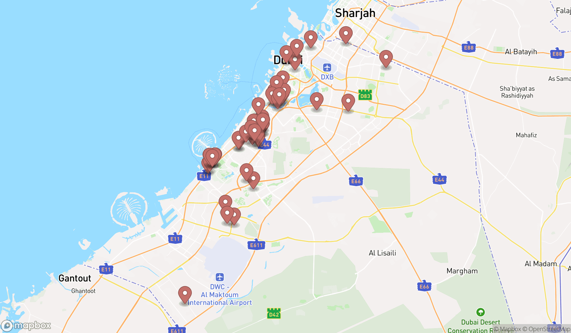 Map showing the search results in Dubai