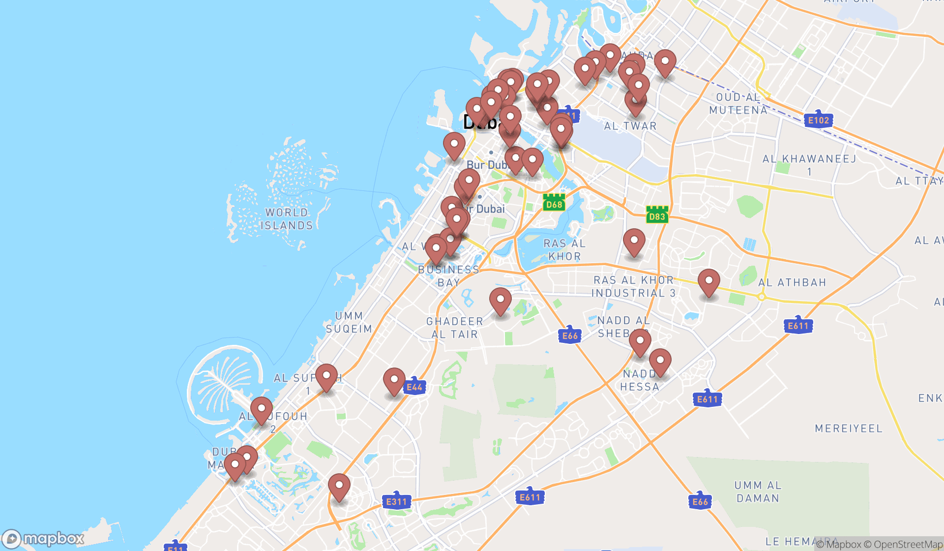 Map showing the search results in Dubai
