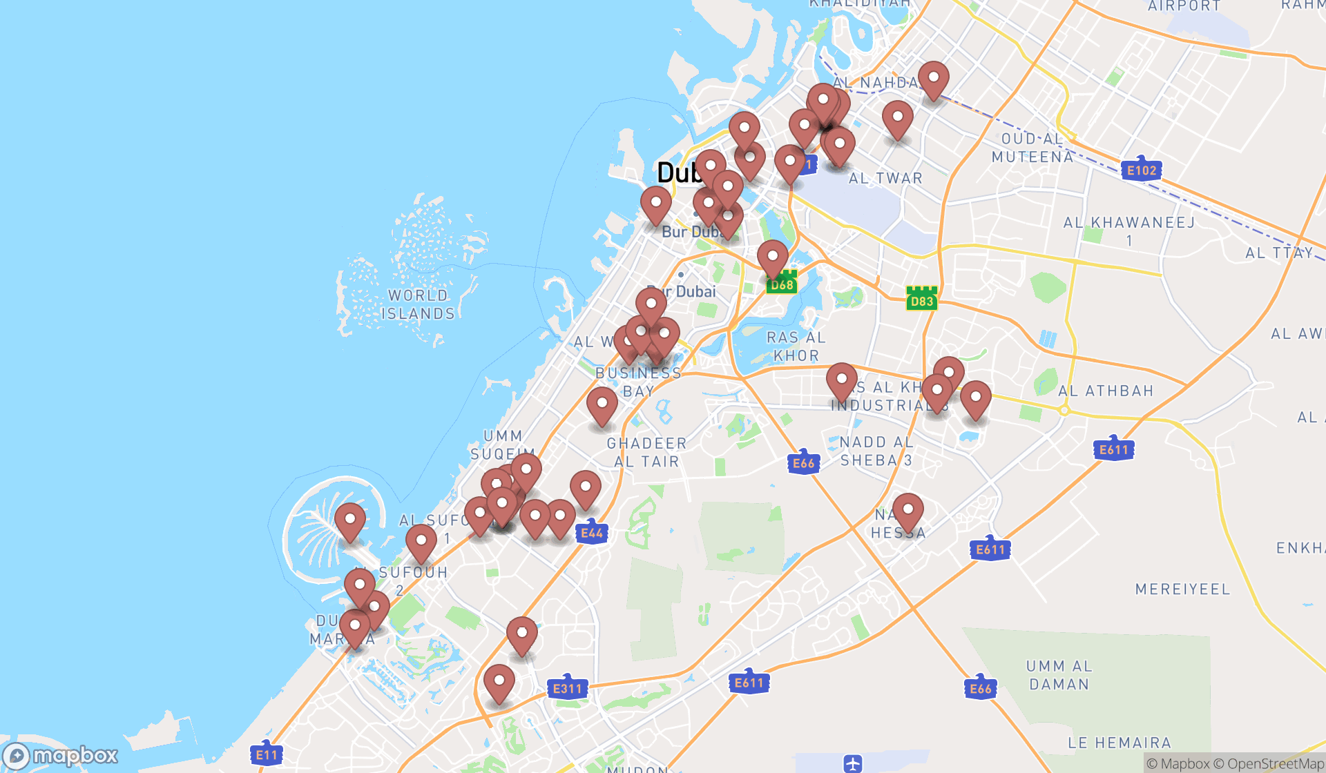 Map showing the search results in Dubai