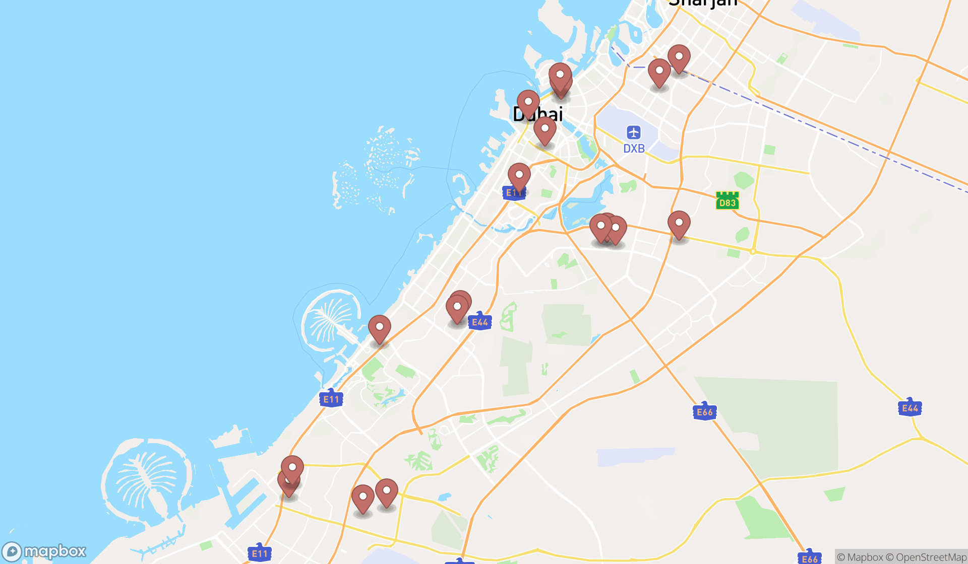 Map showing the search results in Dubai