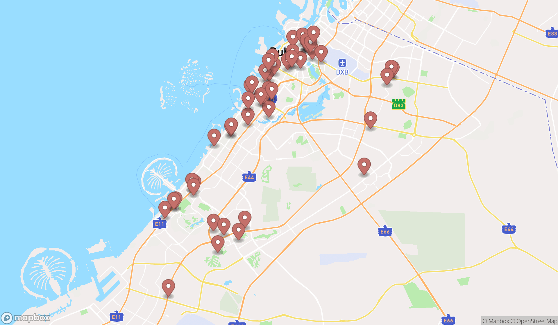 Map showing the search results in Dubai