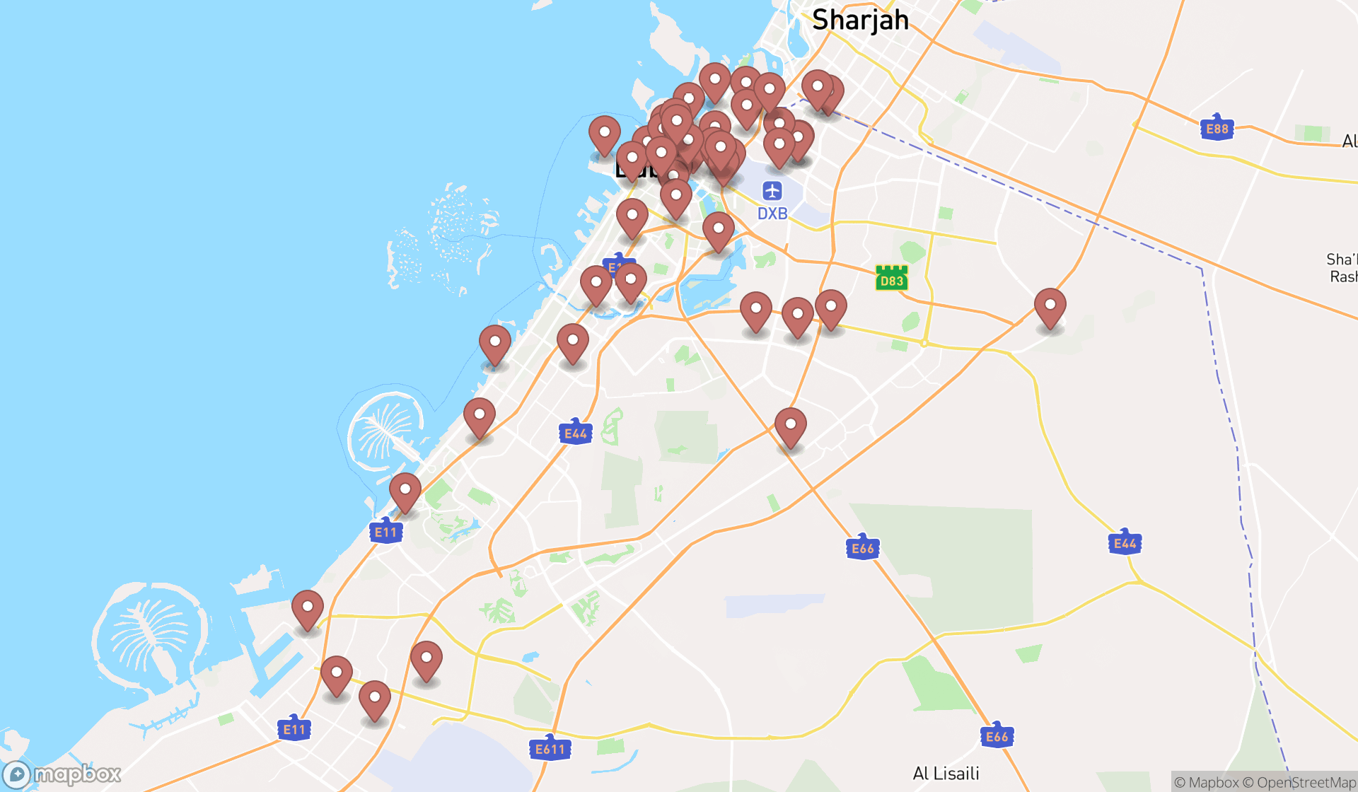 Map showing the search results in Dubai