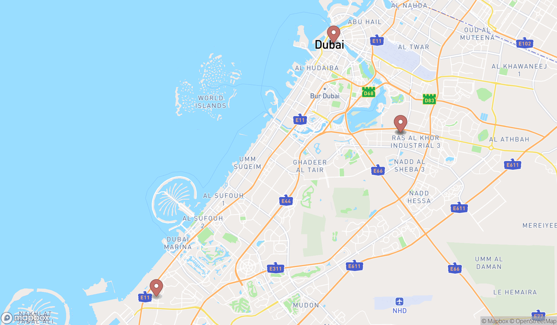 Map showing the search results in Dubai
