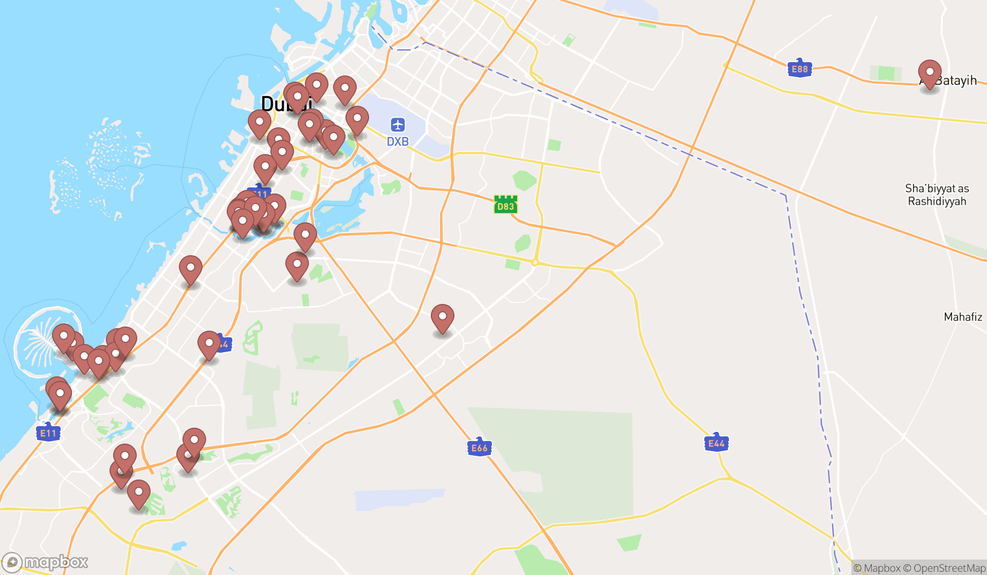 Map showing the search results in Dubai