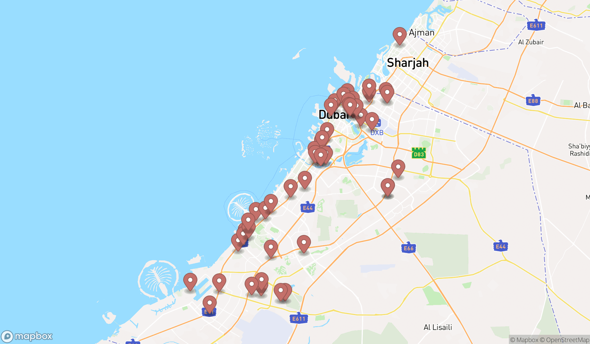 Map showing the search results in Dubai