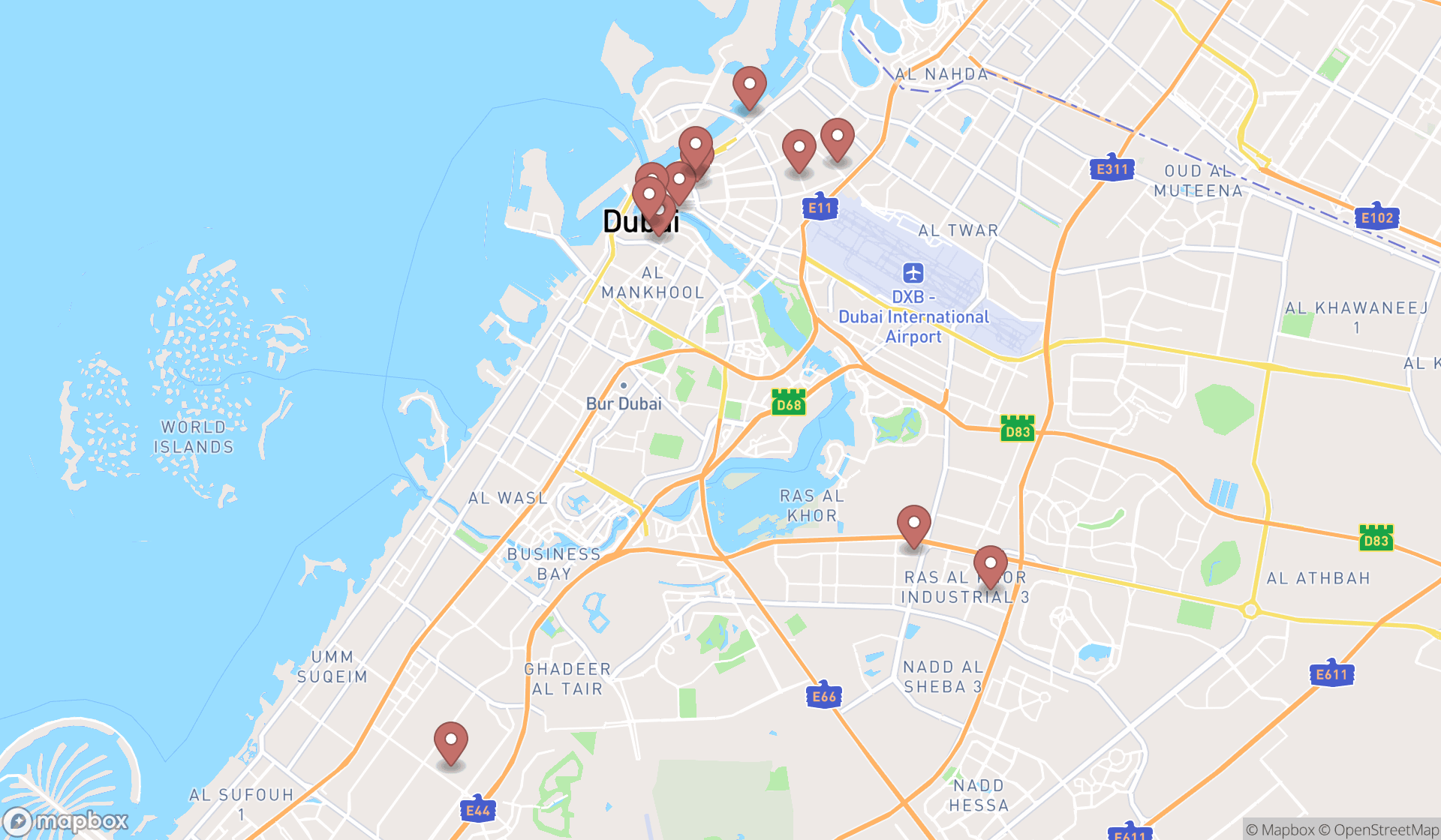 Map showing the search results in Dubai