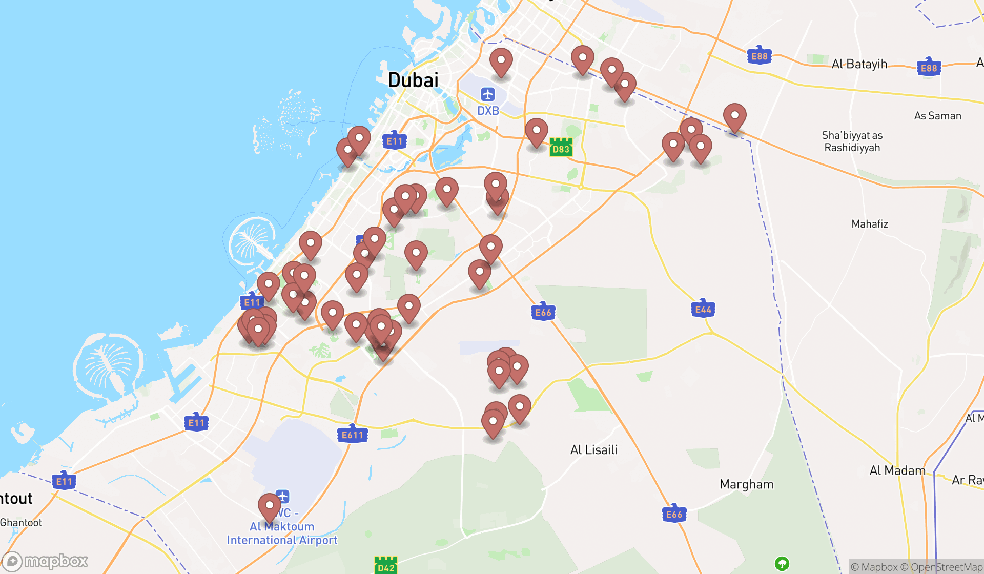 Map showing the search results in Dubai