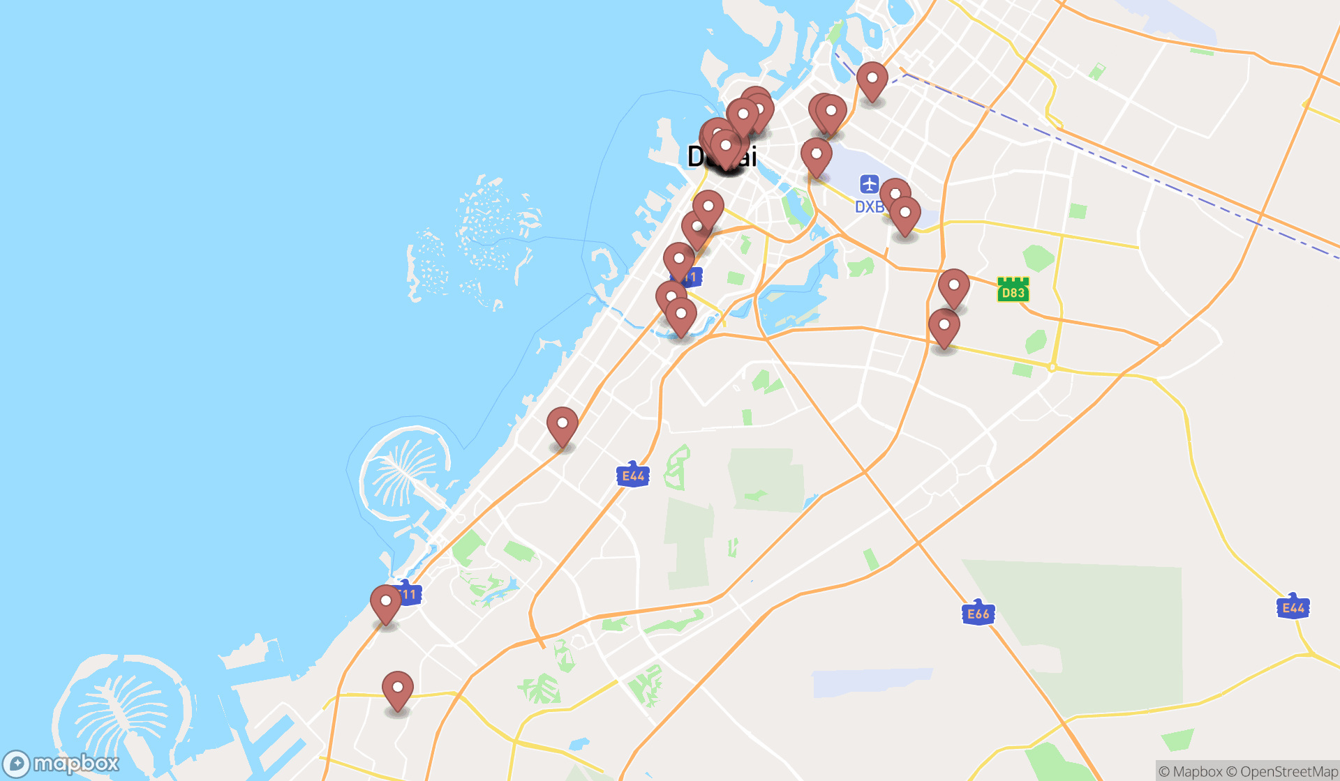 Map showing the search results in Dubai