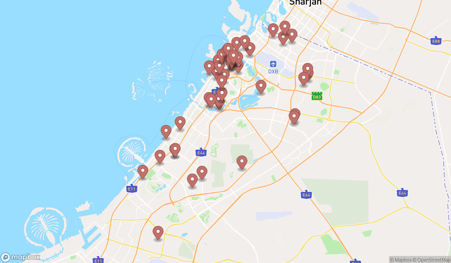 Map showing the search results in Dubai