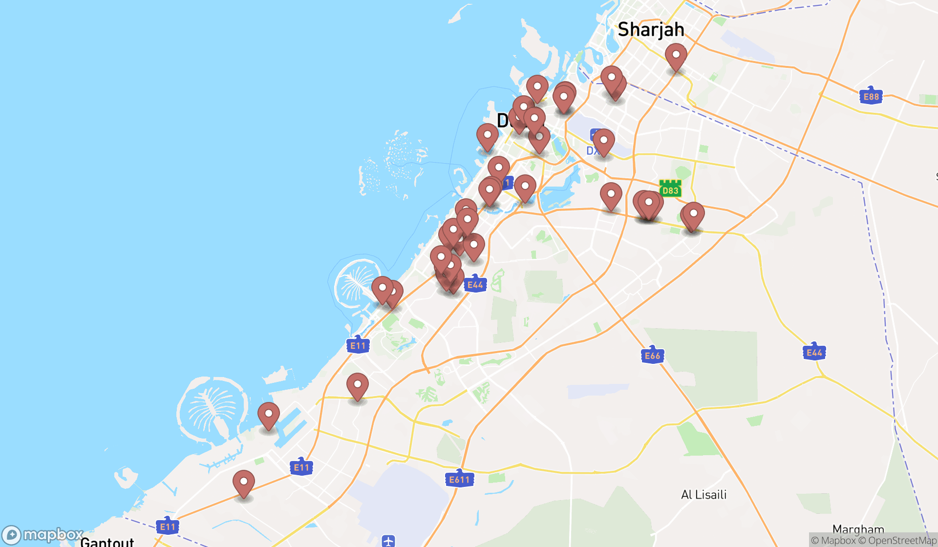Map showing the search results in Dubai
