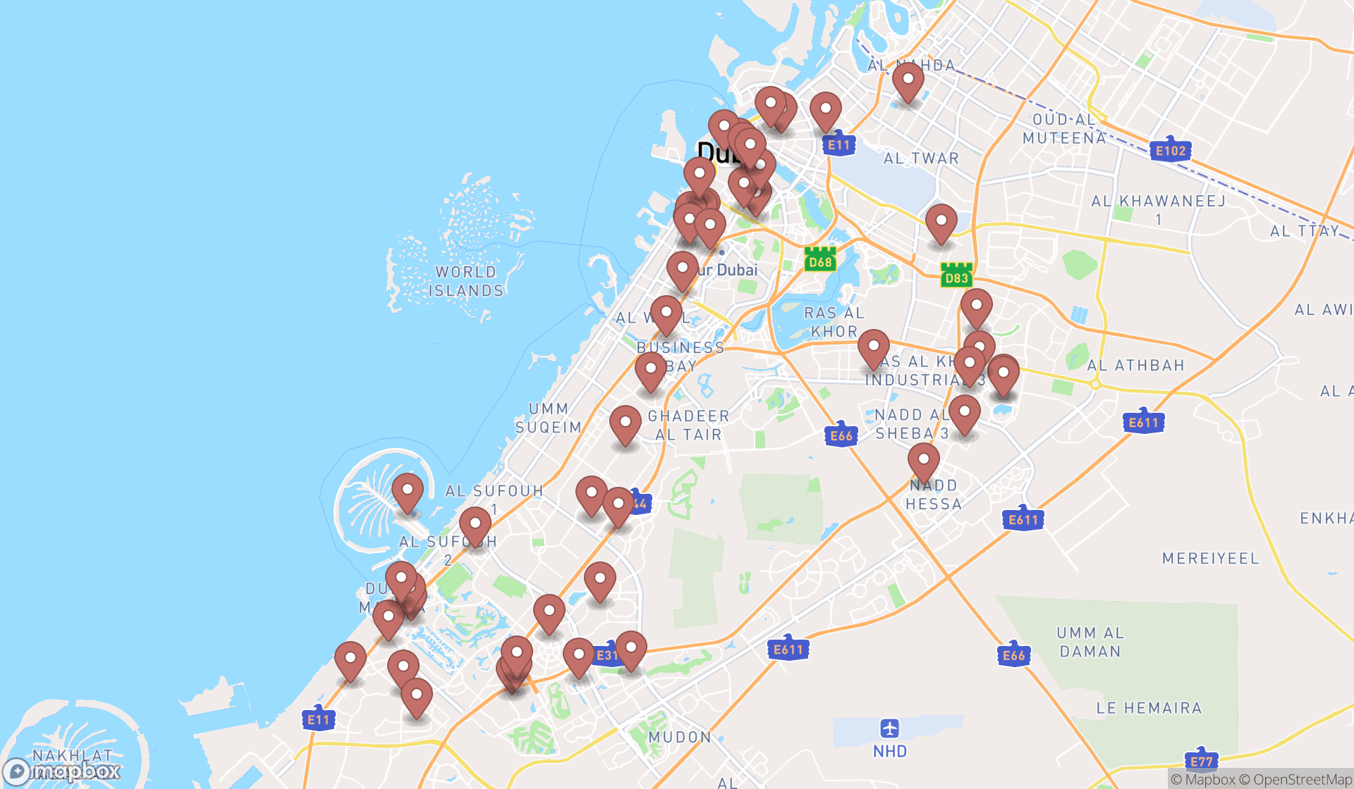 Map showing the search results in Dubai