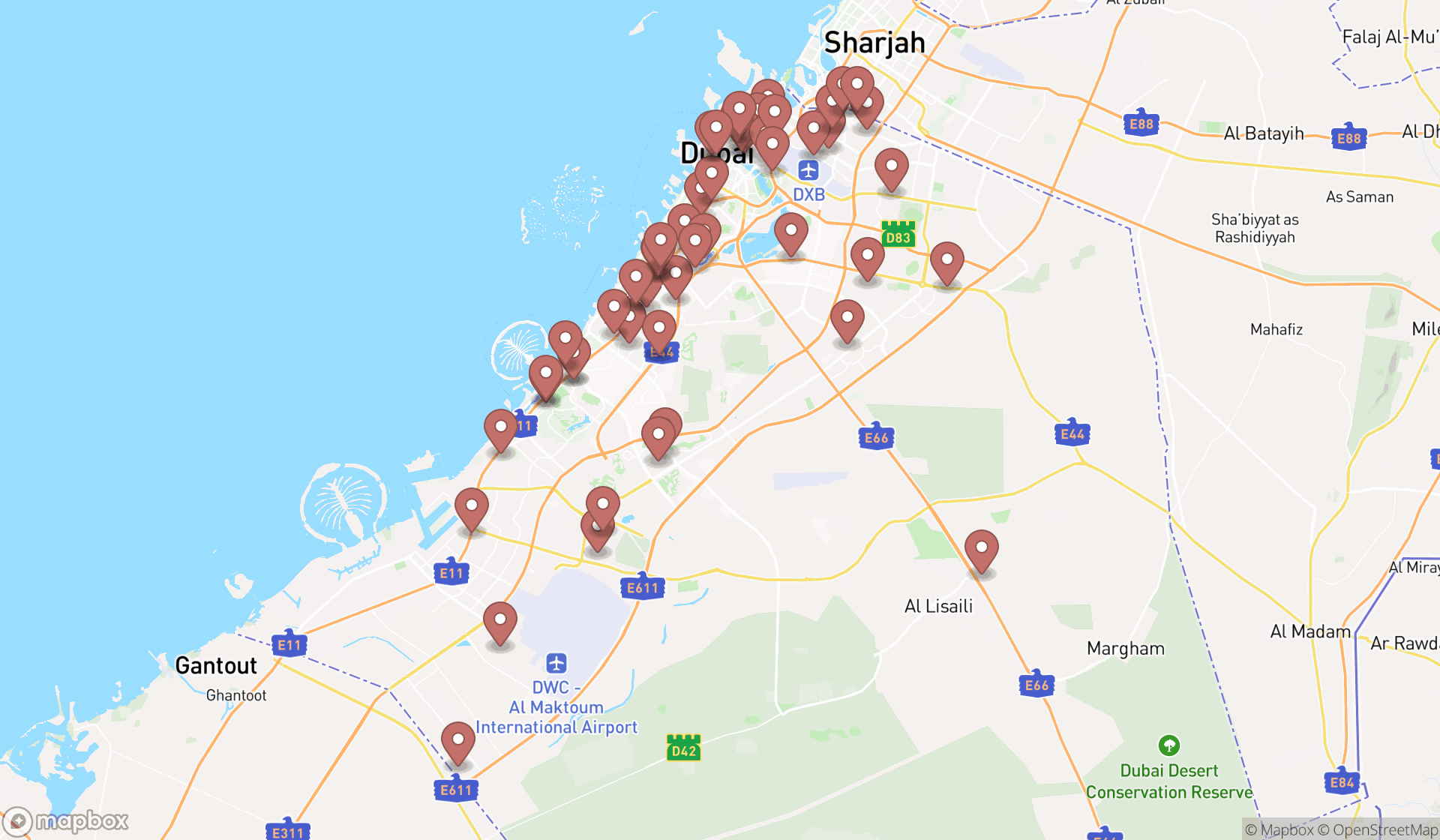 Map showing the search results in Dubai